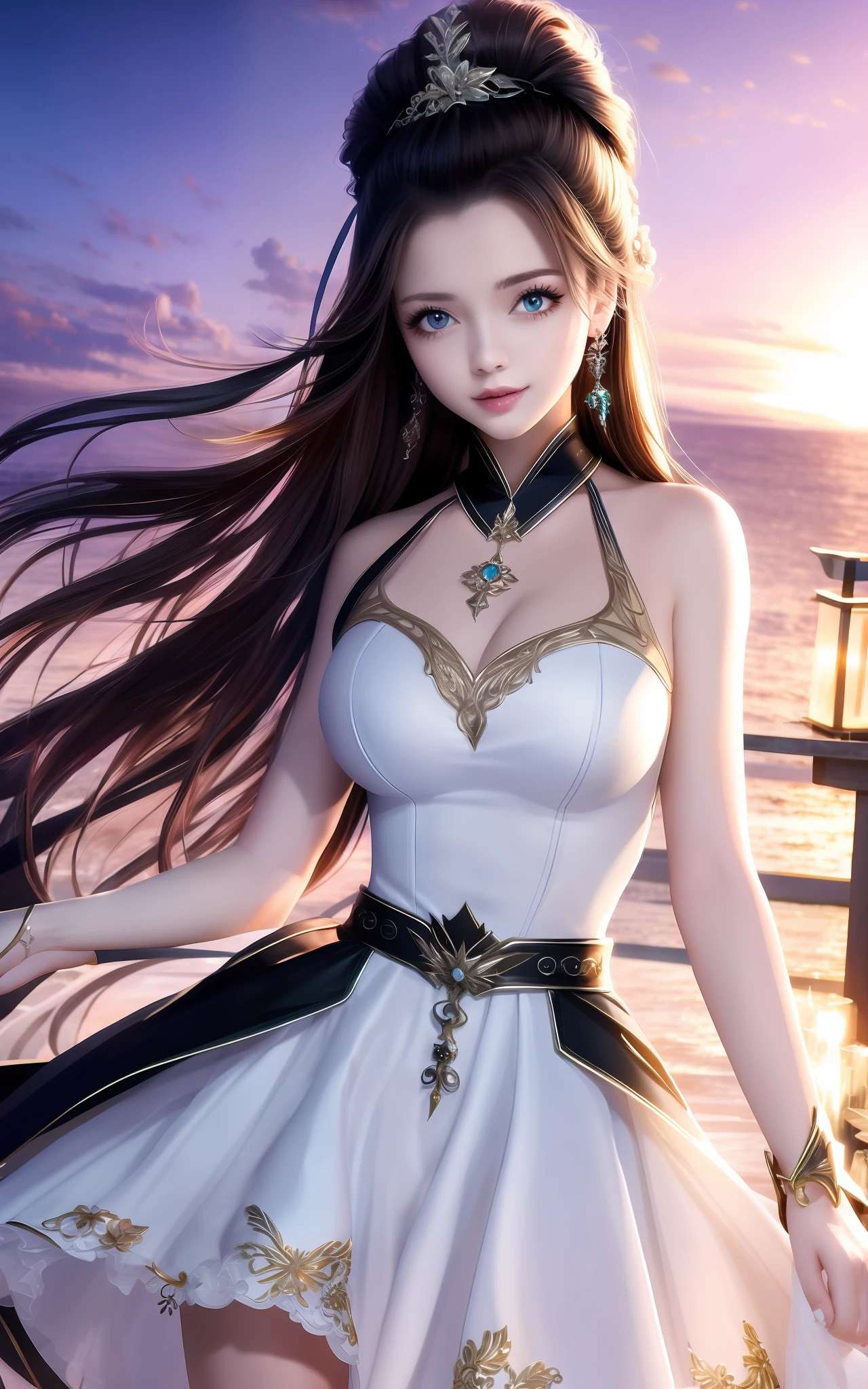 best quality,masterpiece,highres,cg,
1girl,weapon,sword,long hair,dress,water,solo,jewelry,white dress,earrings,hair ornament,splashing,upper body,hair bun,black hair,
lighting,candid,Photograph,high resolution,4k,8k,Bokeh,