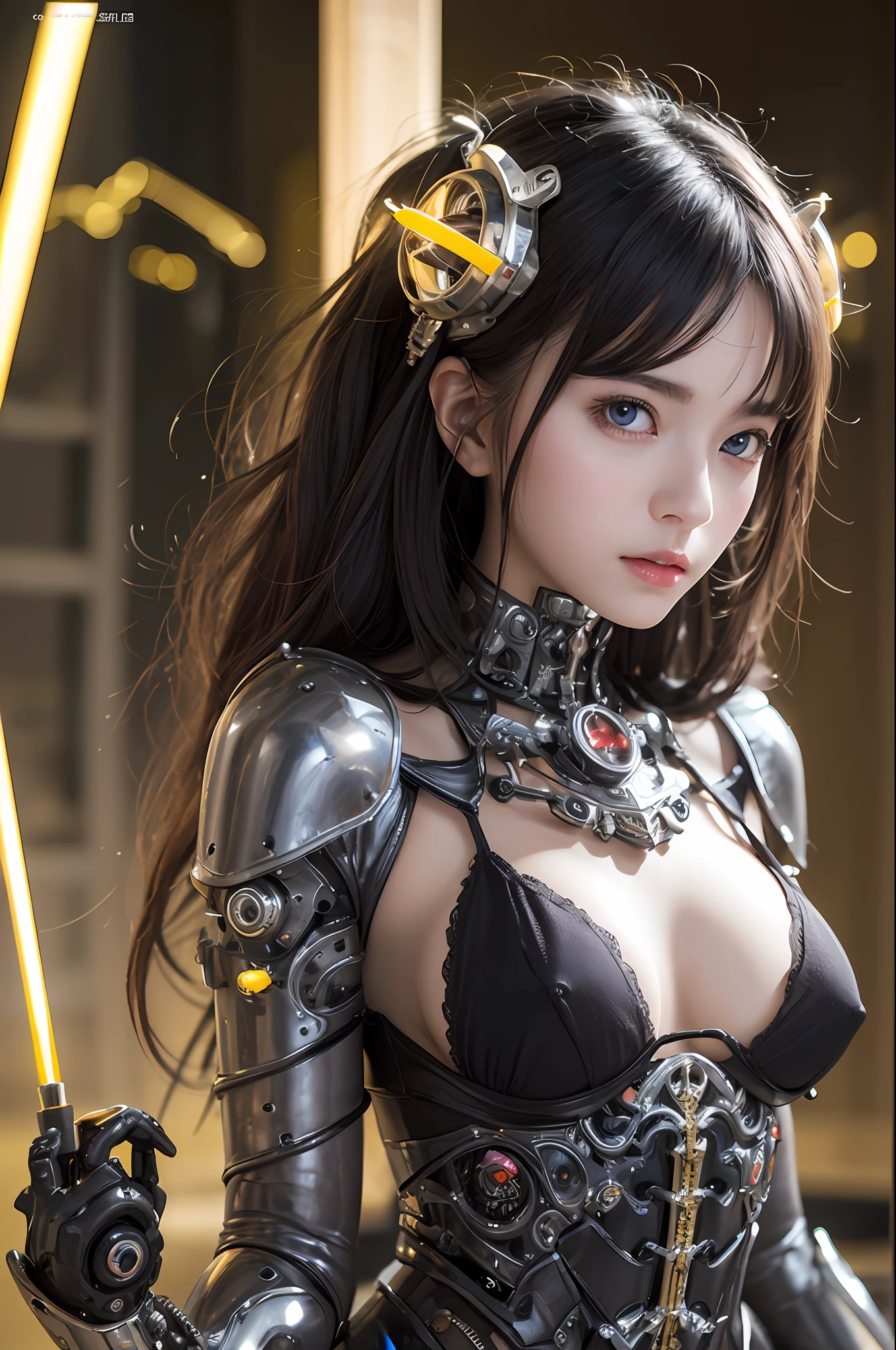 top-quality、​masterpiece、超A high resolution、(Photorealsitic:1.4)、Raw photo、女の子1人、Black hair、glowy skin、1 Mechanical Girl、((super realistic details))、portlate、globalillumination、Shadow、octan render、8K、ultrasharp、Colossal tits、Raw skin is exposed in cleavage、metals、Details of complex ornaments、Gothloli details、steampunc、highly intricate detail、Realistic light、CGSoation Trends、a purple eye、radiant eyes、Facing the camera、neon details、Mechanical limbs、blood vessels connected to tubes、Mechanical vertebrae attached to the back、mechanical cervical attaching to neck、sitting on、Wires and cables connecting to the head、evangerion、Hydraulic cylinder、tubing、Luminous tube、vacuum tubes、Small LED lamp、