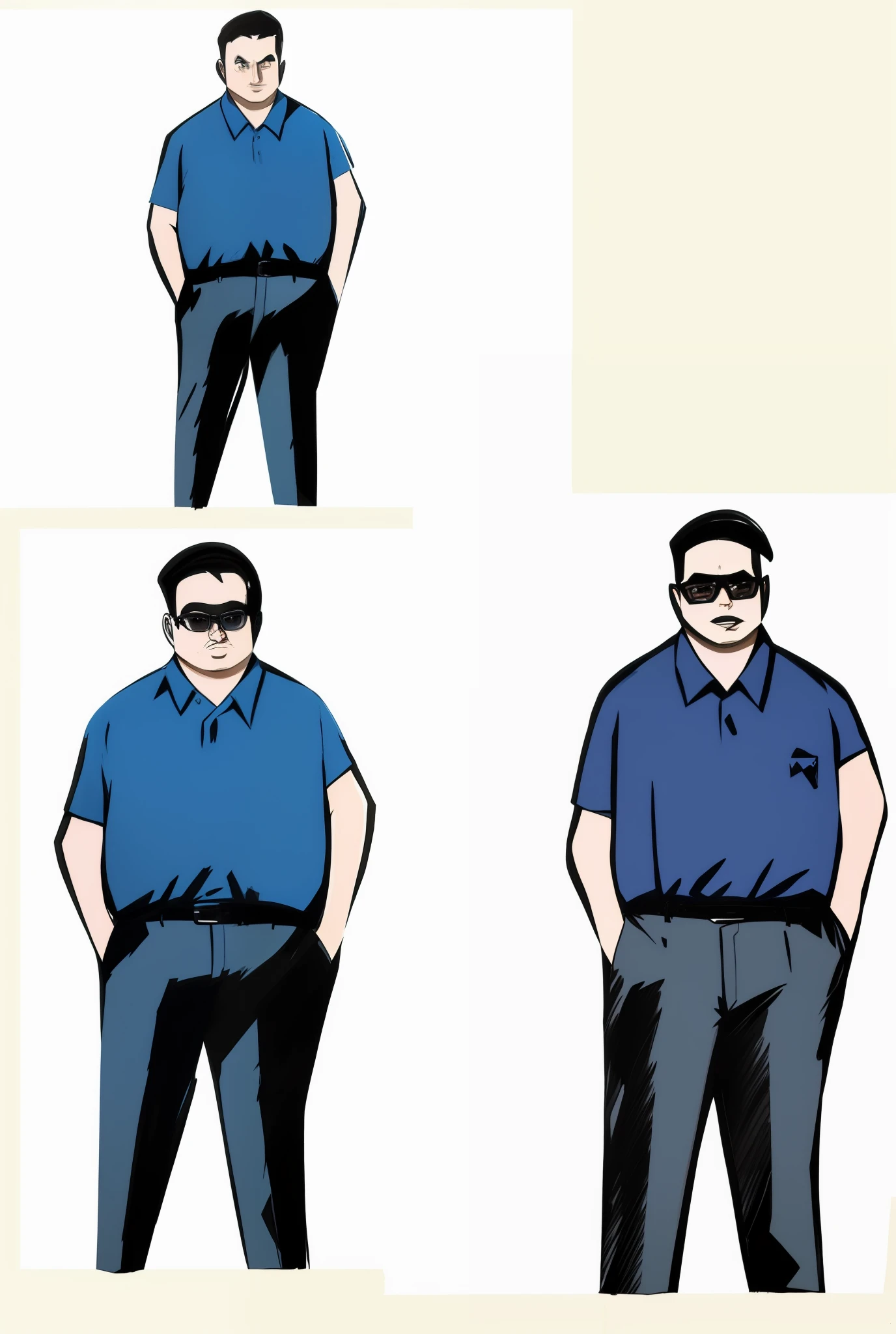 Close-up of four different images of a man in a blue shirt, Fat figure, Ultra-exaggerated proportions, harry volk clip art style, masculine proportions, Exaggerated proportions, concept art of single boy, Heavy exaggerated proportions, character posing for concept art, full figure centered in portrait, heavily exaggerated proportions, cartoon proportions, Cartoon image, Stylized proportions