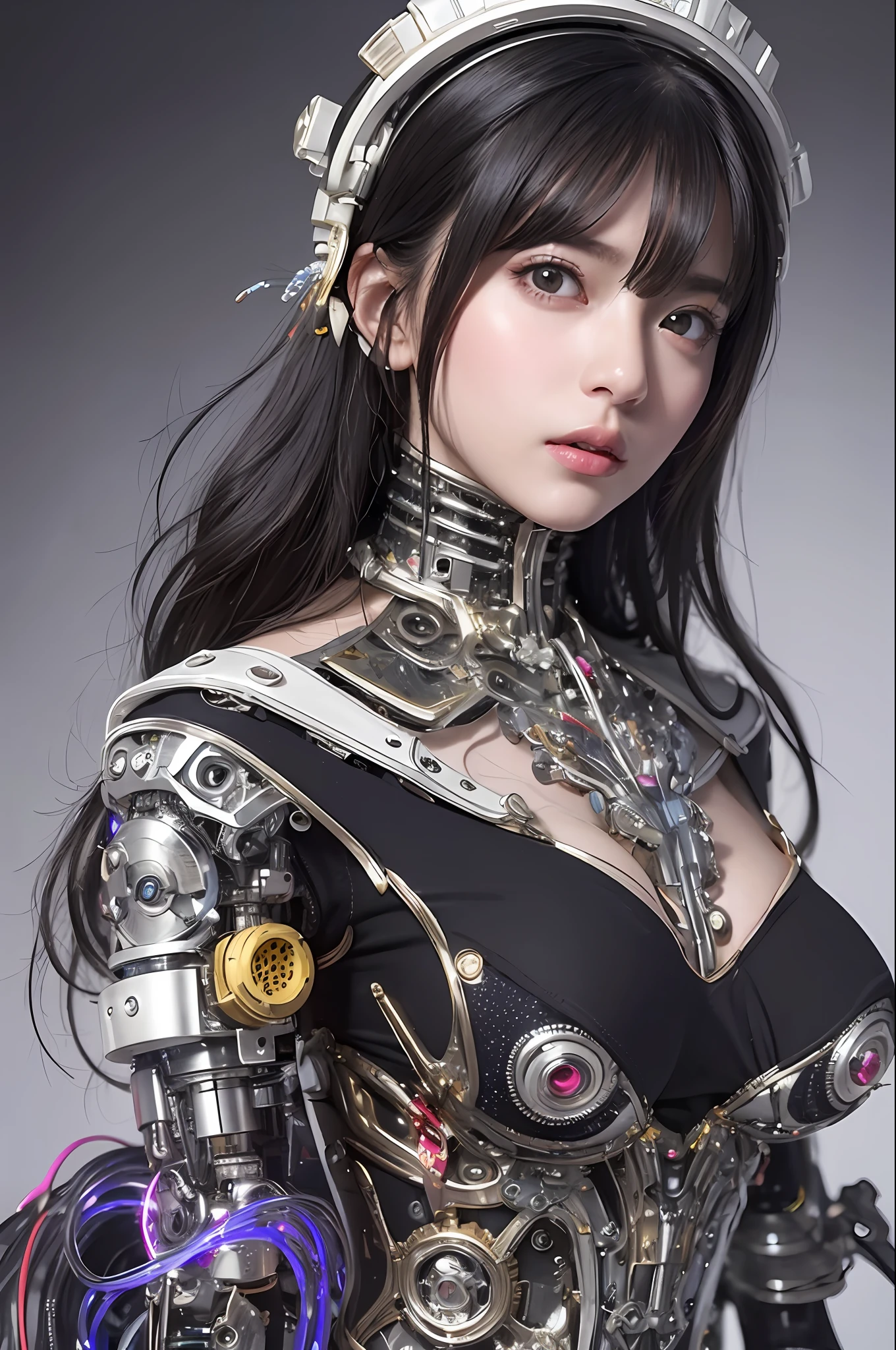 top-quality、​masterpiece、超A high resolution、(Photorealsitic:1.4)、Raw photo、女の子1人、Black hair、glowy skin、1 Mechanical Girl、((super realistic details))、portlate、globalillumination、Shadow、octan render、8K、ultrasharp、Colossal tits、Raw skin is exposed in cleavage、metals、Details of complex ornaments、Gothloli details、steampunc、highly intricate detail、Realistic light、CGSoation Trends、a purple eye、radiant eyes、Facing the camera、neon details、Mechanical limbs、blood vessels connected to tubes、Mechanical vertebrae attached to the back、mechanical cervical attaching to neck、sitting on、Wires and cables connecting to the head、evangerion、Hydraulic cylinder、tubing、Luminous tube、vacuum tubes、Small LED lamp、