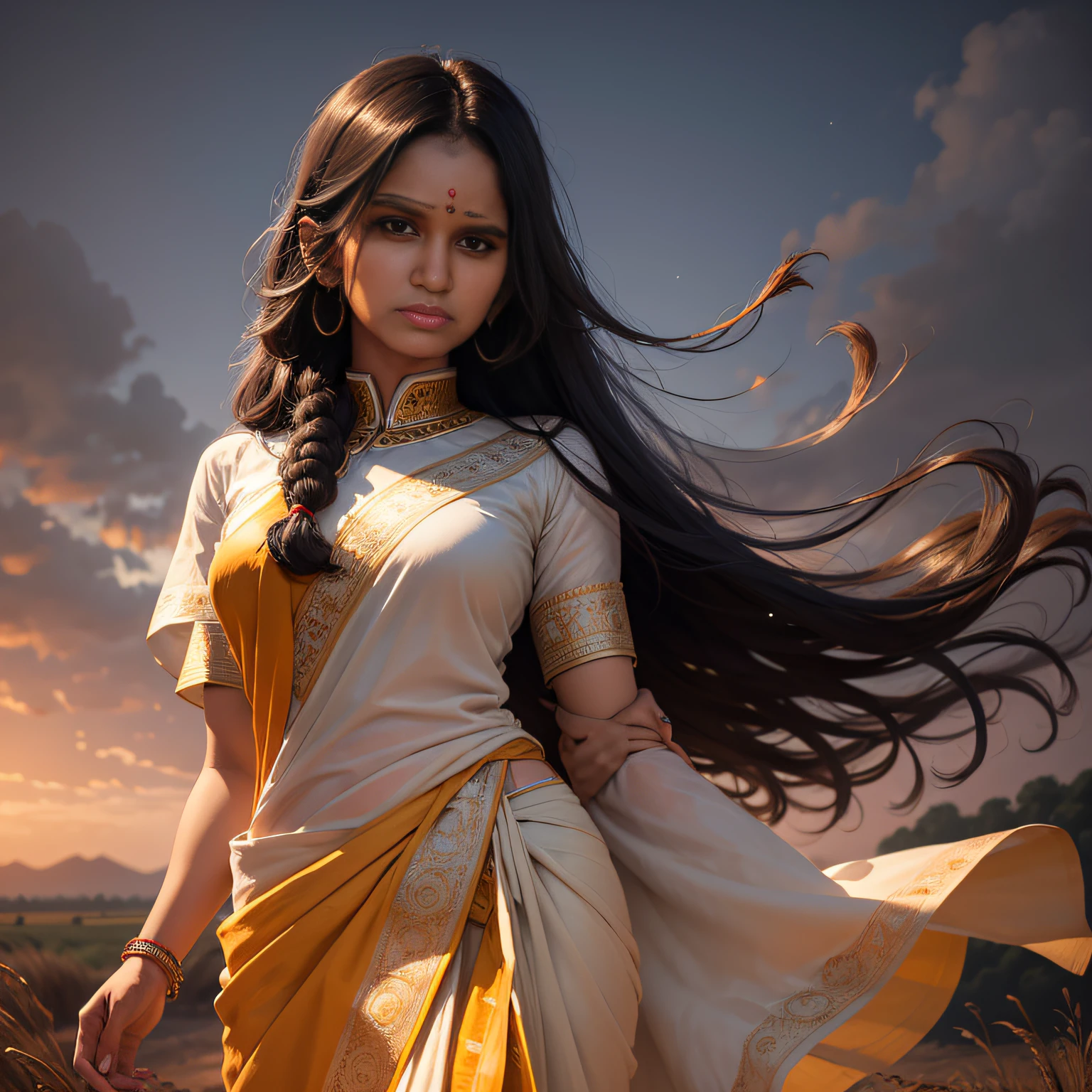 masterpiece, ultra detailed, hindi woman, india, wearing traditional hindi attire, wearing sari, long hair, windy, wearing, background is rural area, (night:1.2), detailed shadow, detailed face textures --auto