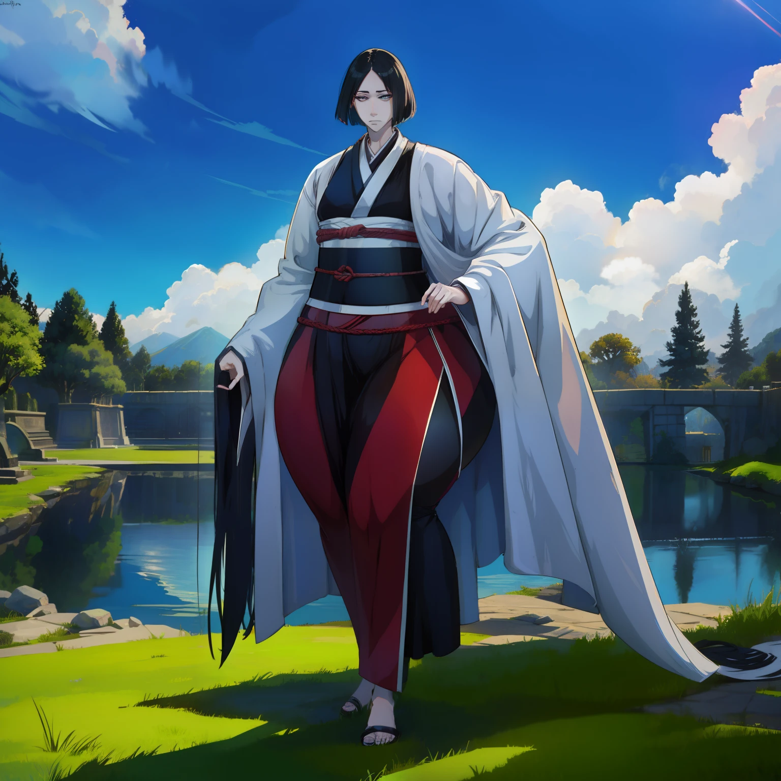 (full body), bottomheavy, huge ass, gigantic ass, thick thighs, massive thighs, hyper thighs, (extremely wide hips:1.4), solo, unohana, (background: ambient lighting, scenery, plant decor, backyard, dynamic blue sky, dynamic clouds), better quality, masterpiece, expressive eyes, perfect face