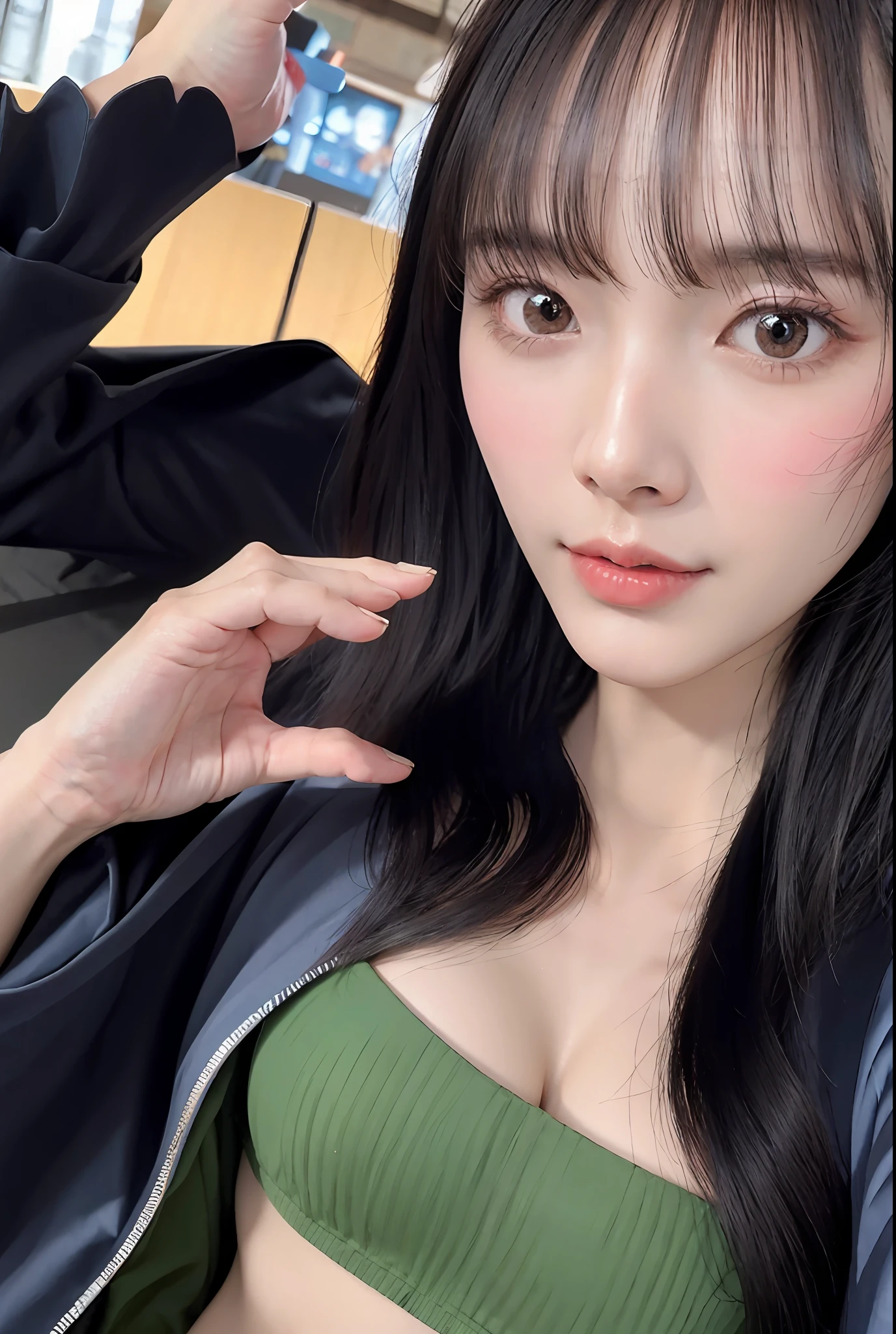 Best quality,masterpiece
face、Close_Up、Portrait_Photo、
Hanfu,Lute-shaped sleeves,Mamian skirt,Long jacket, ,hands squeezed chest,Be red in the face,Open your mouth slightly
