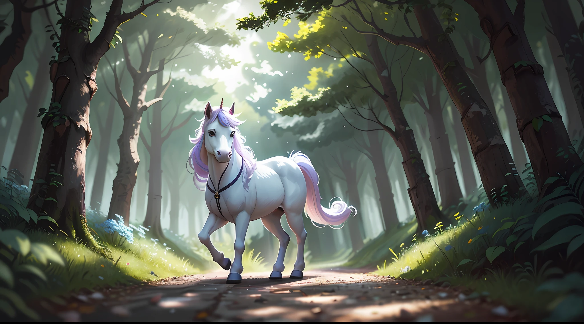 White unicorn run in the green alley of the forest, dinamic pose, primavera, morning, feixes de luz, flores, (detalhes intrincados:1.12), hdr, (detalhes intrincados, hiperdetalhados:1.15), (cinematic look:1.4), tons suaves, detalhes insanos, detalhes intrincados, hiperdetalhados, baixo contraste, soft  Cinematic Light, cores escuras, exposure blending, hdr, desbotado, slate grey atmosphere