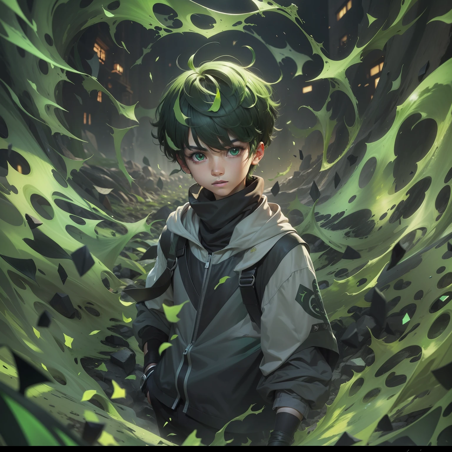 ******, cabelos ruivos, short hair, olhos verdes, Chaotic background, quimono preto, 8k, ((alta-qualidade)), estilo pokemon