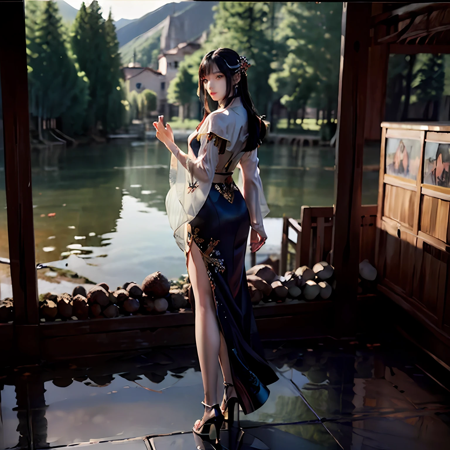 (masterpiece, best quality, beautiful portrait:1.4) of a stunning 25yo chinese woman, (full body view:1.6), standing, solo, long black hair, looking at viewer, village and lake in background, colorful watercolor anime, highly detailed, ultra realistic, (sharp focus:1.6), insanely intricate, 8k