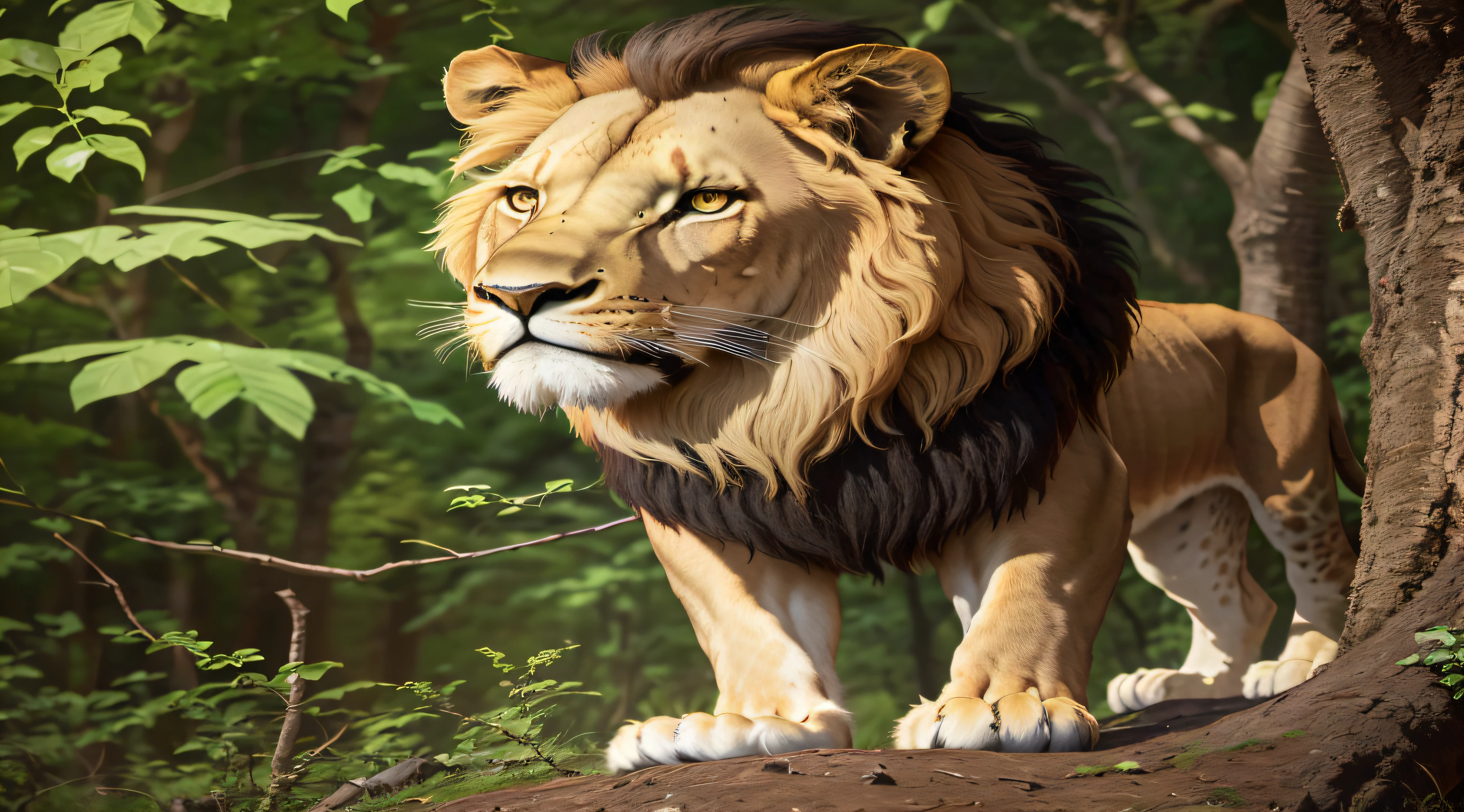 There is a lion standing on a rock in the forest, Rei da selva, olhando majestoso na floresta, Senhor da Selva, 2 d full body lion, Aslan the Lion, lion in a meadow with hornbeam, with the mane of a lion, lion body, majestoso!!! Beautiful!!!, pose majestosa, fazendo uma pose majestosa quente, Cute lion, olhar orgulhoso