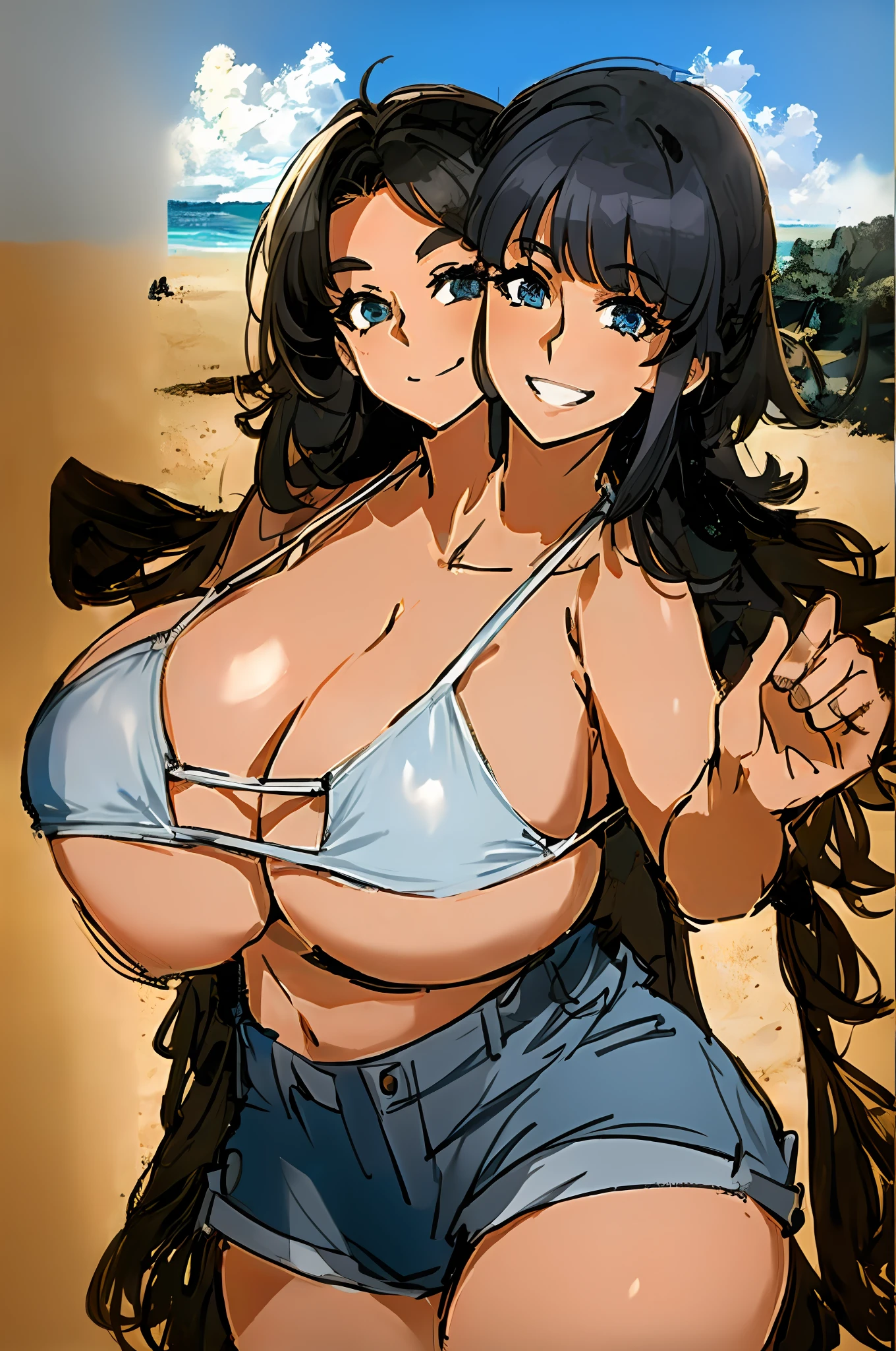 2heads, a chubby woman. With 2 heads. She has gigantic breasts. She is in a beach. She is smiling wide. Her breasts and massive. She is wearing a small bikini top and jean shorts. Huge breasts.