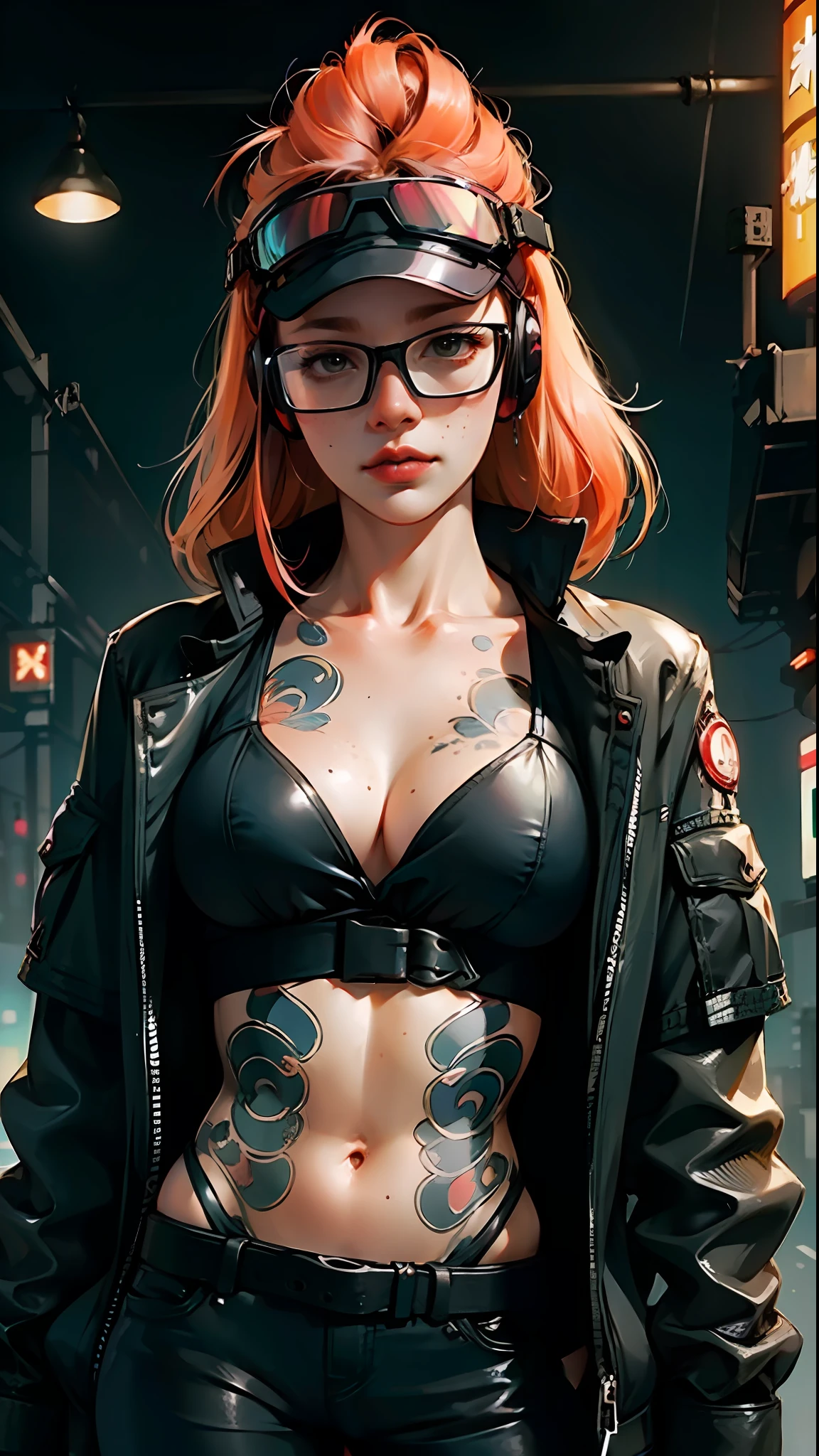 ((Best Quality)), ((Masterpiece)), ((glasses)), militar pants, long hair, mature, perfect eyes:1.2, woman face, big breasts, detailed eyes:1.4, ((freckles)), woman, hightech visor, visor, high tech, hacker, irezumi, tattoo, techwear, headphones, messy hair, multicolored hair, blue hair, black jacket, gradient hair, leather clothes, (High Definition:1.3), 3D, Beautiful (Cyberpunk:1.3), Colored hair, militar, black clothes looking at camera, hacker woman, neo tokyo