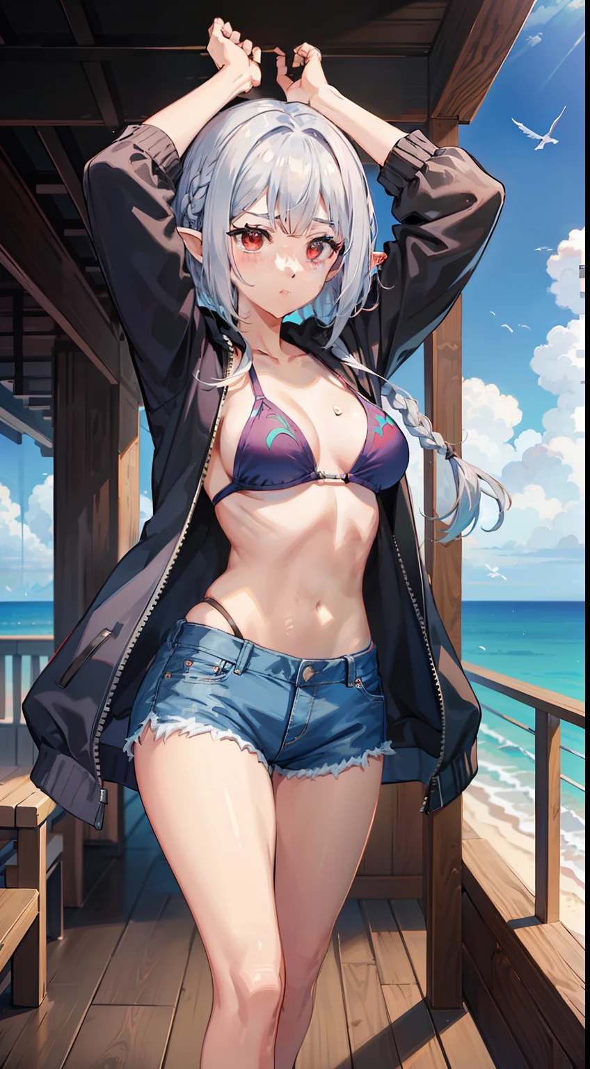 ((Stretching)), ((Raising arms)), 1 Whole body of a girl, elvish, ((silber hair)), Red Eyes, bob cuts, Braided hair, Fluttering hair, swim wears, The bikini, Denim shorts, Hoodie jacket, sea side, concept-art, beautiful anime scene, Beautiful anime scenery, top-quality, masterpiece