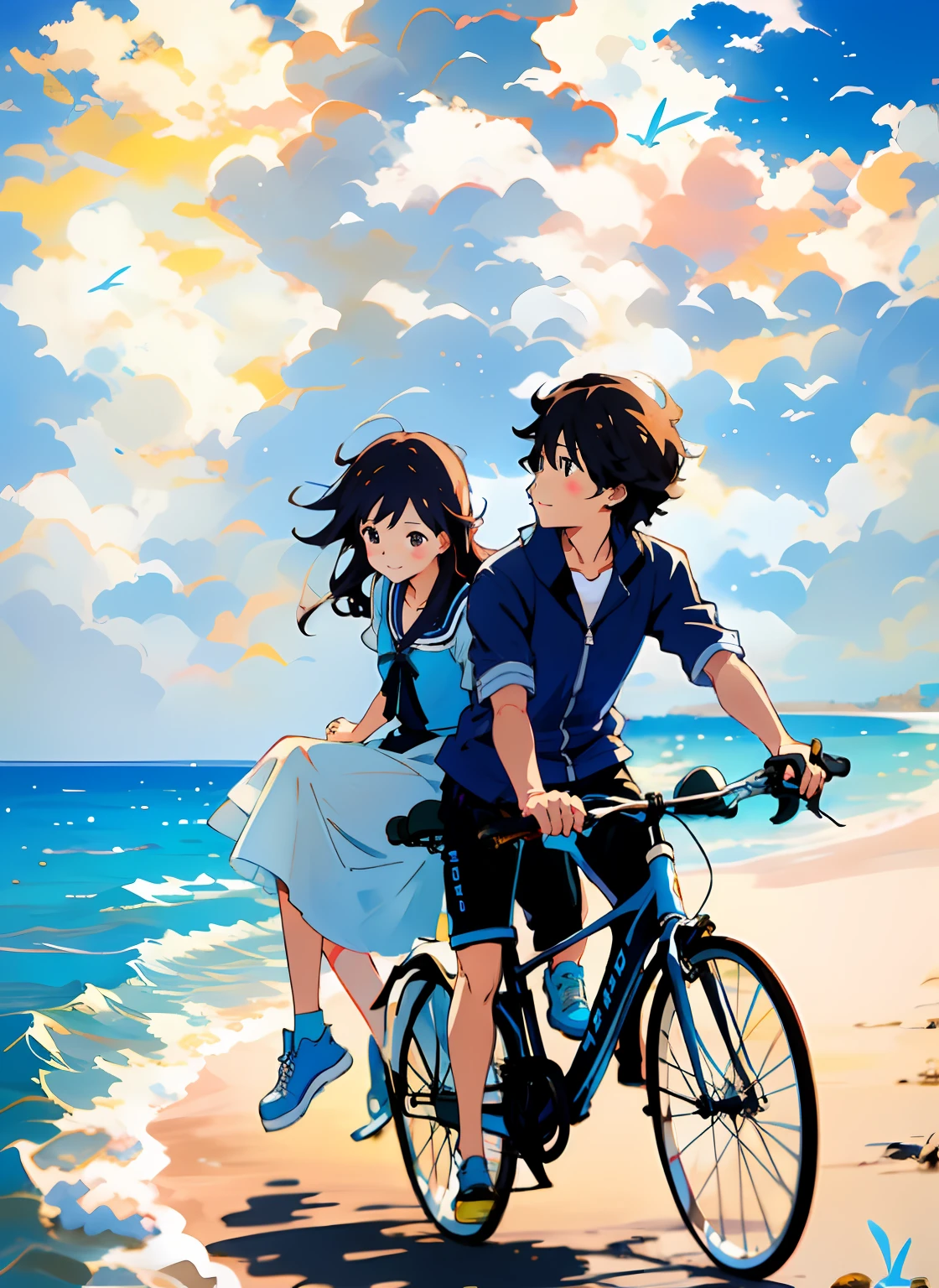 Cycling，Sea and blue sky，The are beautiful and delicate，Shinkai Cheng style，sharp detailed，It seems that you can smell the sea。Girl in the back seat of a bicycle，Put your right hand on your knee，Feet naturally droop；The boy holds the bike handlebars with both hands，Keep your feet on the pedals，Lift your left foot up，Pedal your right foot back。The two had shy and cute smiles，Exudes a sense of  or eighteen-year-old h。