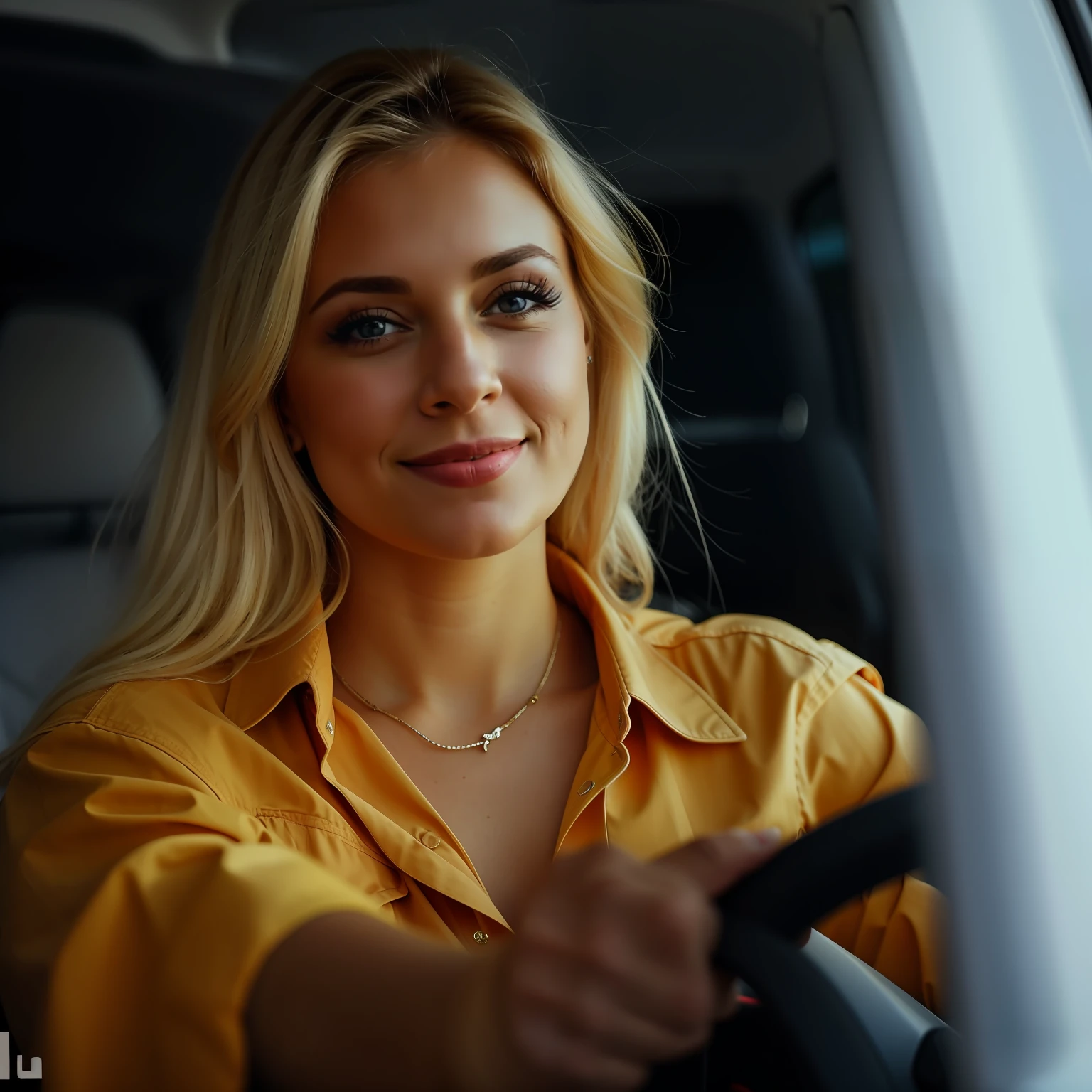 Blonde woman driving a truck with a smile on her face, driving, driving fast, dirigindo um carro, mulher loira, mulheres loiras, mulher bonita, foto retrato, linda senhora, mulher atraente, fotografia comercial do carro, blonde girl, mulher deslumbrante, mulher linda, retratos de carros, Madalena Radziej, Beautiful woman, retrato de alta qualidade, louro, mulher atraente