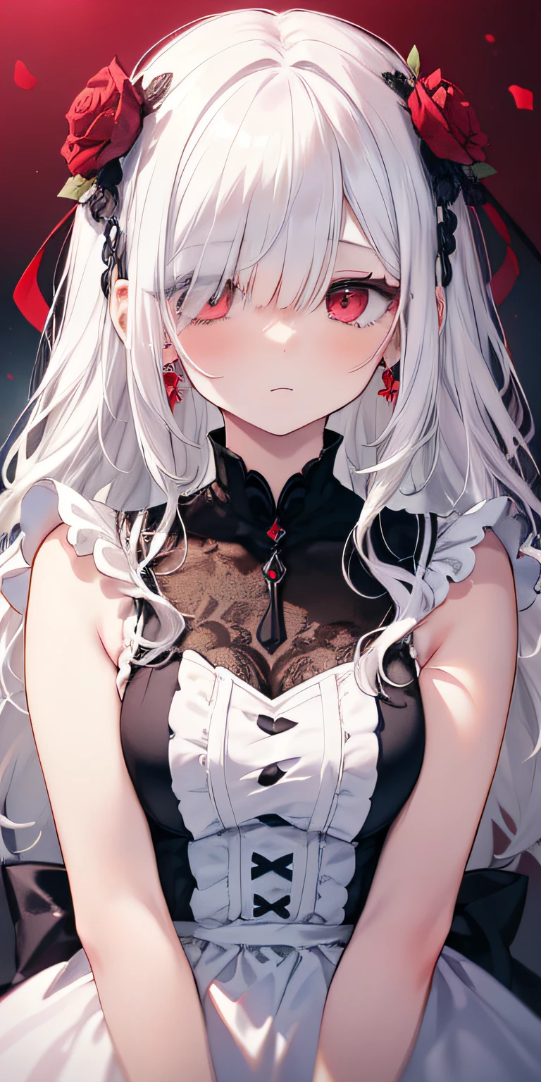 (limited palette), Best quality, (((Masterpiece))), (((Beautiful detailed hair))), (((beautiful detailed skin))), Solo, , Younger, Loli, (((White hair))), Red eyes, (mascara), Blunt bangs, ((Hair over eyes)), Long hair, Medium breasts, Frilled white dress, White frills, Too much decoration, Rose, Noble, setia, The bride hair, (((Eye focus))), (((Expressionless))), The background is blurred out, Empty eyes, Blank eyes, (Red theme), bedroom background, view the viewer, (((hair tucking))), (((Night))), Semi-closed Eyes, Close-up, (((hair adornments))), Upright body, Neatly cut bangs, Braided hair at the back of your head, Sleeveless dress,