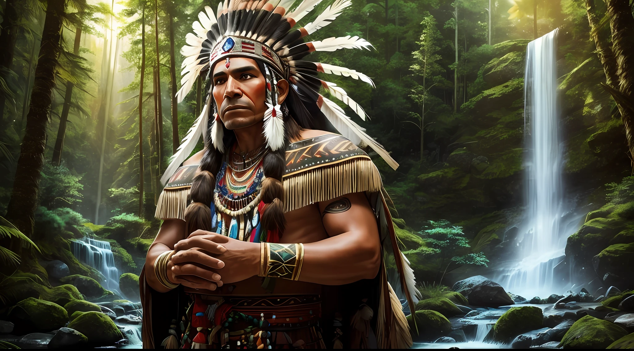 indigenous man with headdress, with war paint, with a diamond in one of his hands raised high, forest with lighting in the background, rich in details, high definition, realistic, waterfall in the background, character must be created on the left --auto