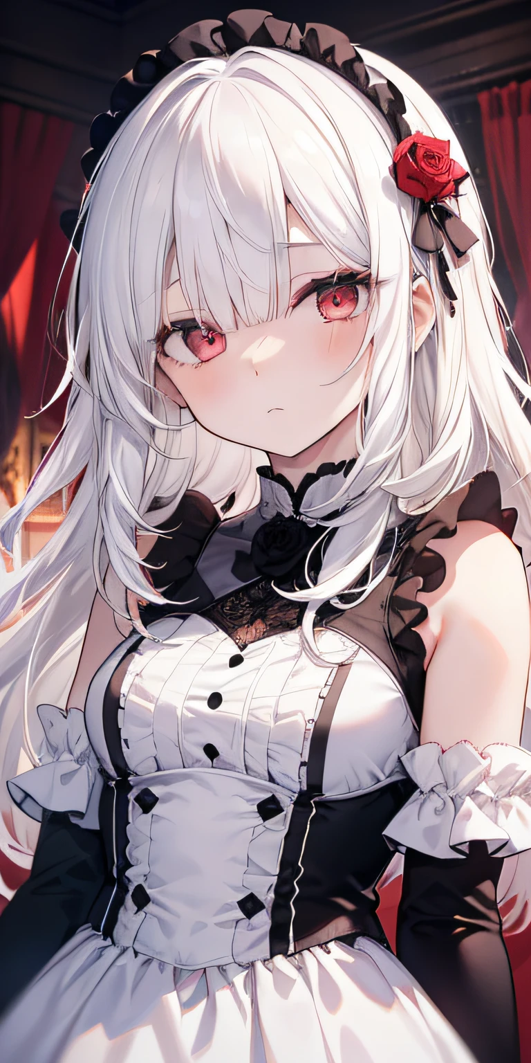 (limited palette), Best quality, (((Masterpiece))), (((Beautiful detailed hair))), (((beautiful detailed skin))), Solo, , Younger, Loli, (((White hair))), Red eyes, (mascara), Blunt bangs, ((Hair over eyes)), Long hair, Medium breasts, Frilled white dress, White frills, Too much decoration, Rose, Noble, setia, The bride hair, (((Eye focus))), (((Expressionless))), The background is blurred out, Empty eyes, Blank eyes, (Red theme), bedroom background, view the viewer, (((hair tucking))), (((Night))), Semi-closed Eyes, Close-up, (((hair adornments))), Upright body, Neatly cut bangs, Braided hair at the back of your head, Sleeveless dress,