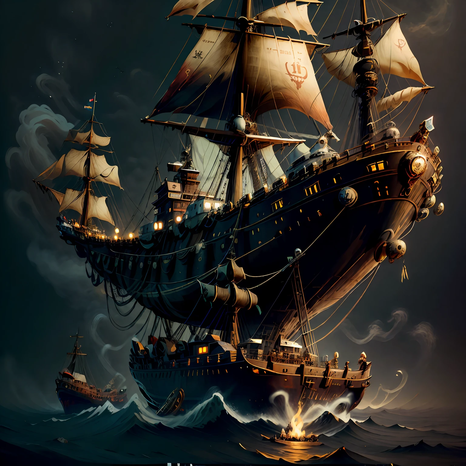 There is a ship that is floating in the air with a background of sky, Pirate ship in space, flying airships, navios voadores, coruja, navios com velas por baixo, Steampunk airships fly over, airship in steampunk, estilo fantasia 8 k octane render, Airship in the sky, steampunk airship, dirigible, Navios voadores em segundo plano, There's a big ship that's floating in the air, gold galleon ship, navios com velas por baixo, veleiro, navio pirata velho, galleon, navios com velas, design realista de navios de guerra, the robot is captain of a ship, navio de madeira velho, navio pirata, um navio pirata impossivelmente enorme, velas e mastros e aparelhamento, altamente renderizado --auto