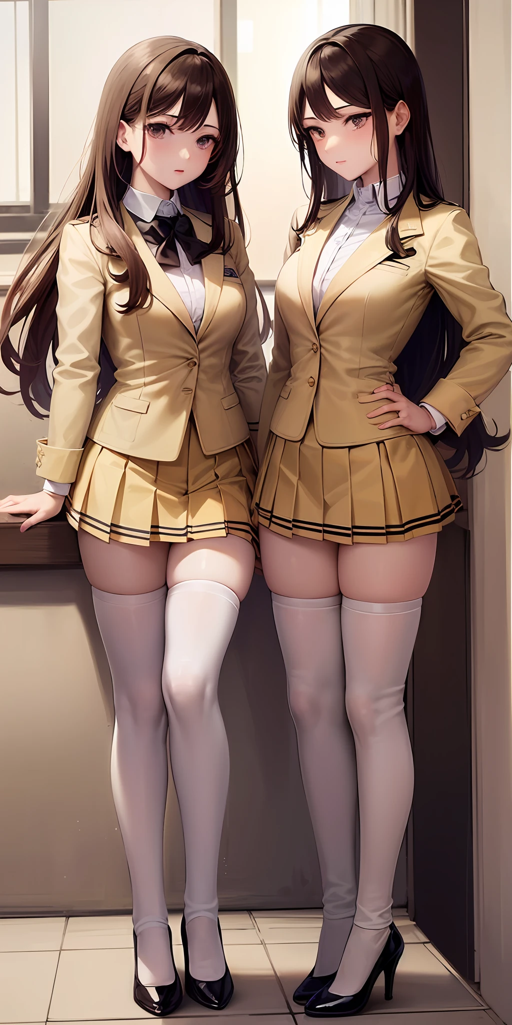 ((Masterpiece, highres)), 2girls, duo, twins, ((one brown haired girl, one blonde girl)), long hair, curly hair, matching hairstyles, different hair color, confident, elegant, rich girls, emotionless, arms at sides, straight backs, (((matching outfits, identical outfits, yellow school uniforms, sexy school uniforms, yellow blazer, yellow short skirt, white thighhighs, long white socks, black high heels))), standing at attention