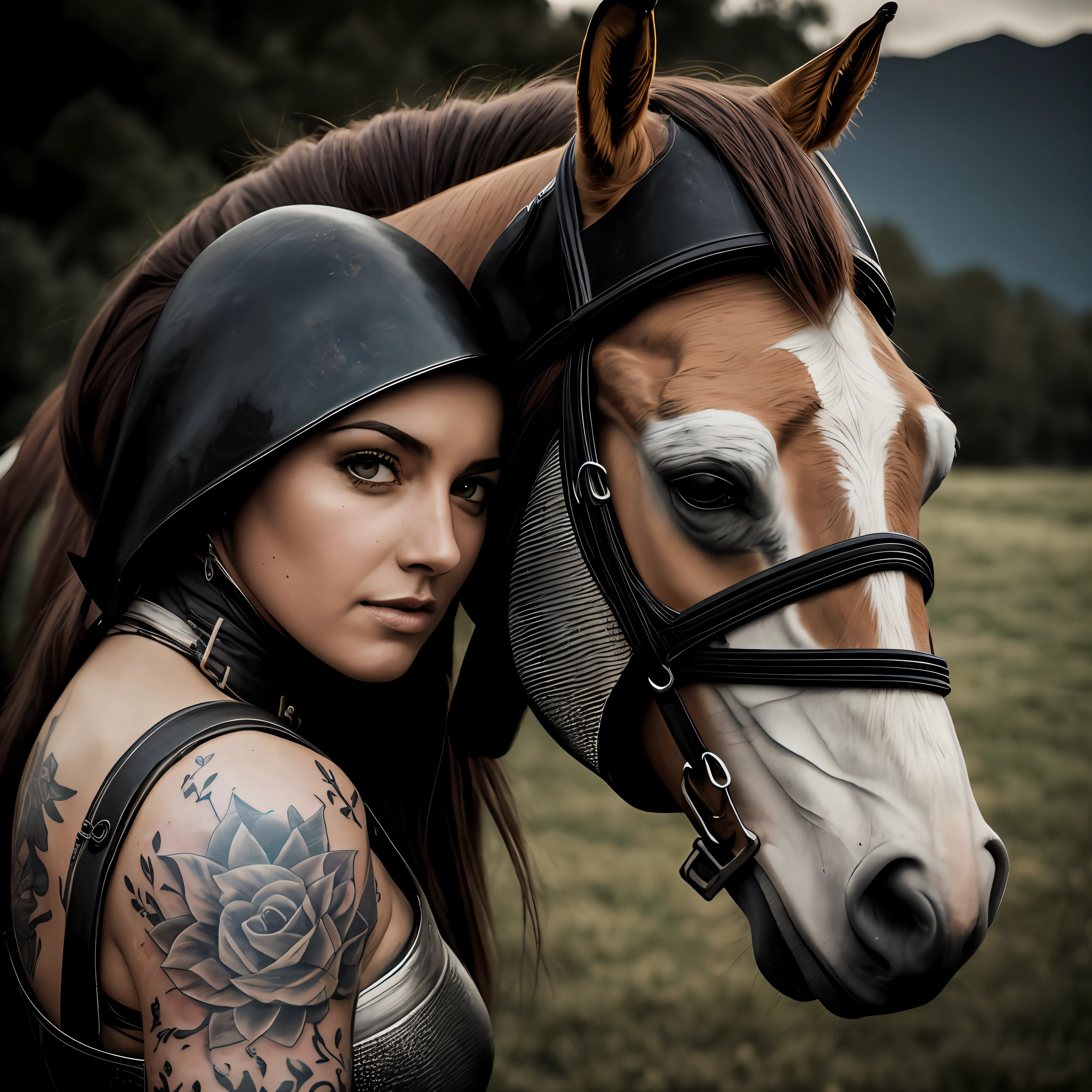 Una mujer de cerca y su caballo de guerra, Armadura celta, tatuajes en la cara, Dramatic lighting, perspectiva, Paisaje natural Antecedentes, Profundidad de campo, fotorrealista, realista