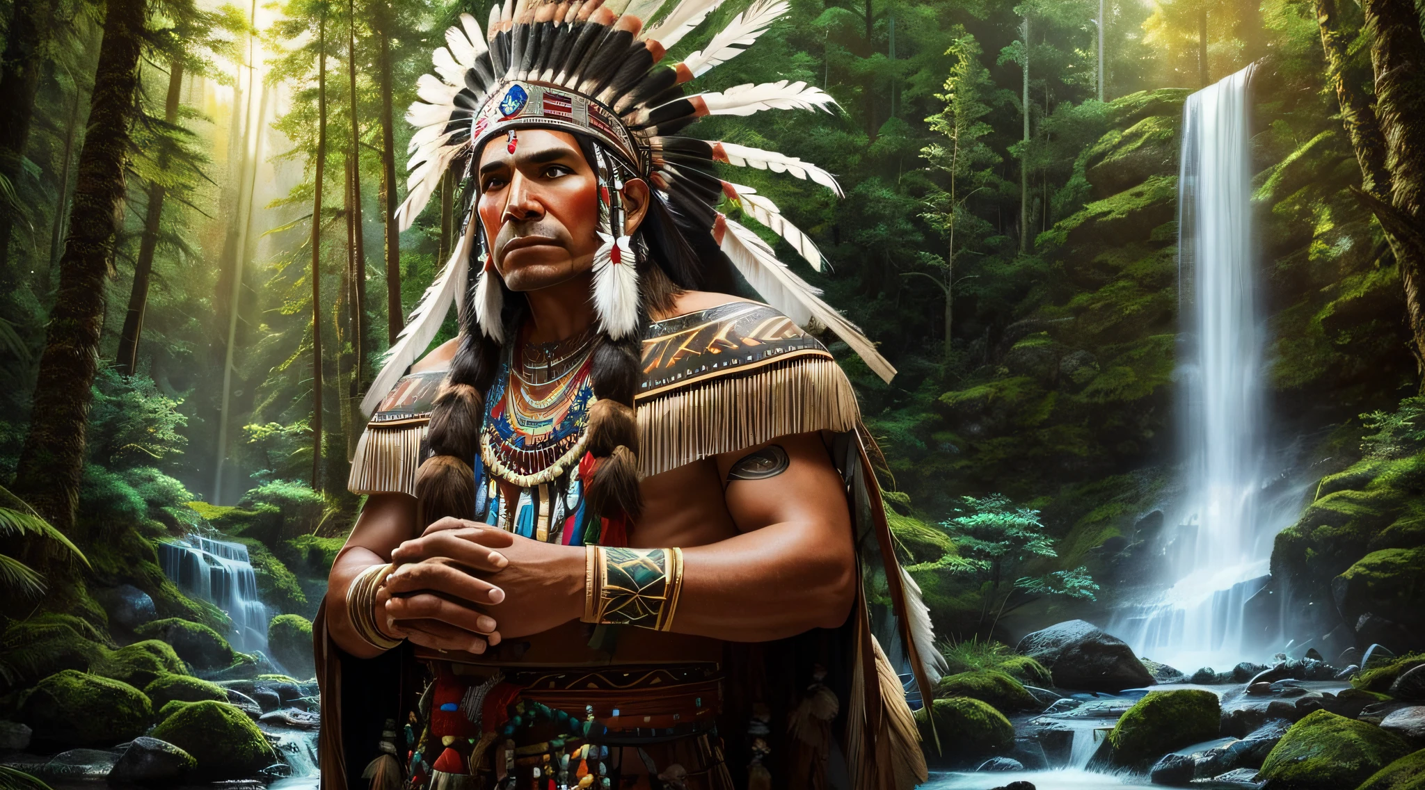 indigenous man with headdress, with war paint, with a diamond in one of his hands raised high, forest with lighting in the background, rich in details, high definition, realistic, waterfall in the background, character must be created on the left --auto