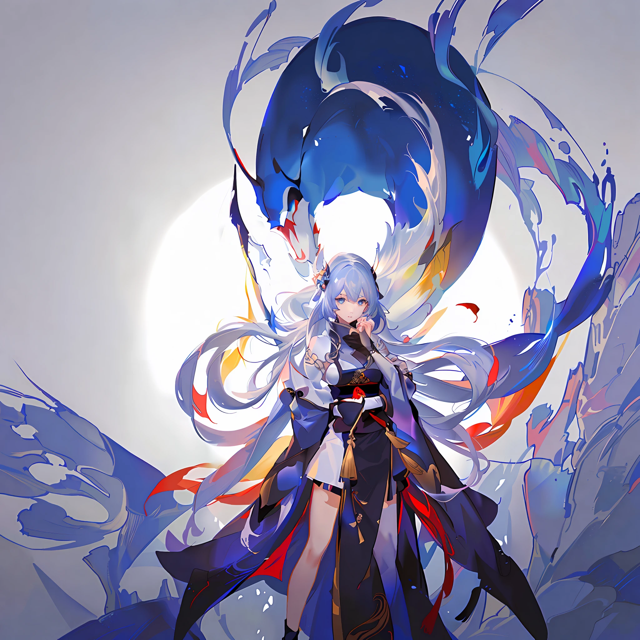 Girl with long white hair and blue eyes holding a sword，Behind her is a huge youkai with blue-and-white hair，Blue-white hair, Onmyoji detailed art, onmyoji, White-haired god, Anime art wallpaper 8 K, From Arknights, Anime art wallpaper 4 K, Anime art wallpaper 4k, Best anime 4k konachan wallpaper, Ayaka Genshin impact, zerochan art，The finest details