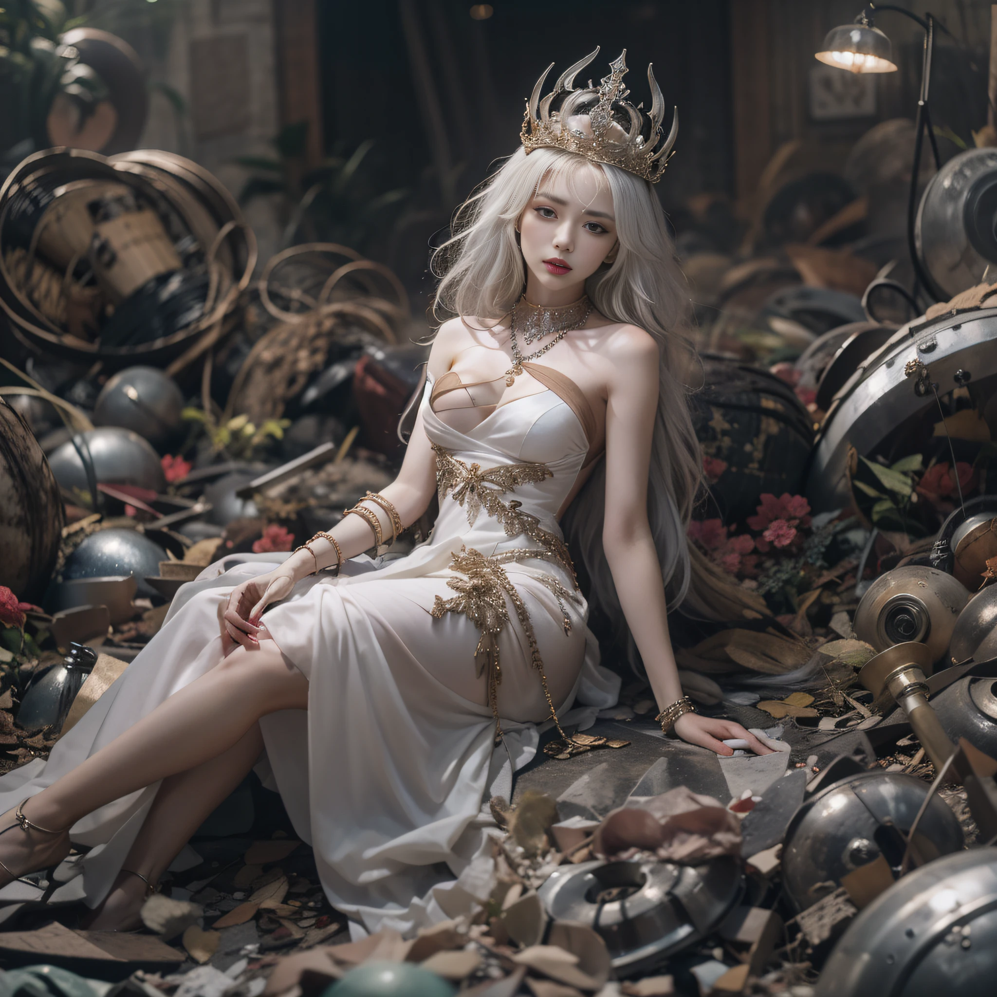 Fallen European princess，junkyard，Being targeted by passers-by，Close your eyes and enjoy，Dim light，squatt，Spread your legs，and hold your head in your hands，One-shoulder princess luxury dress dress，耳Nipple Ring， Underarms， jewely， Jewelry bracelet， adiamondnecklace，littered with garbage，Luxurious tiara，Commuting pure white small heels， The whole body drips，Pointed-toe heels，A sagging breast， White skin， 8K， Delicate lips， finely-detailed eyes， 二重まぶた