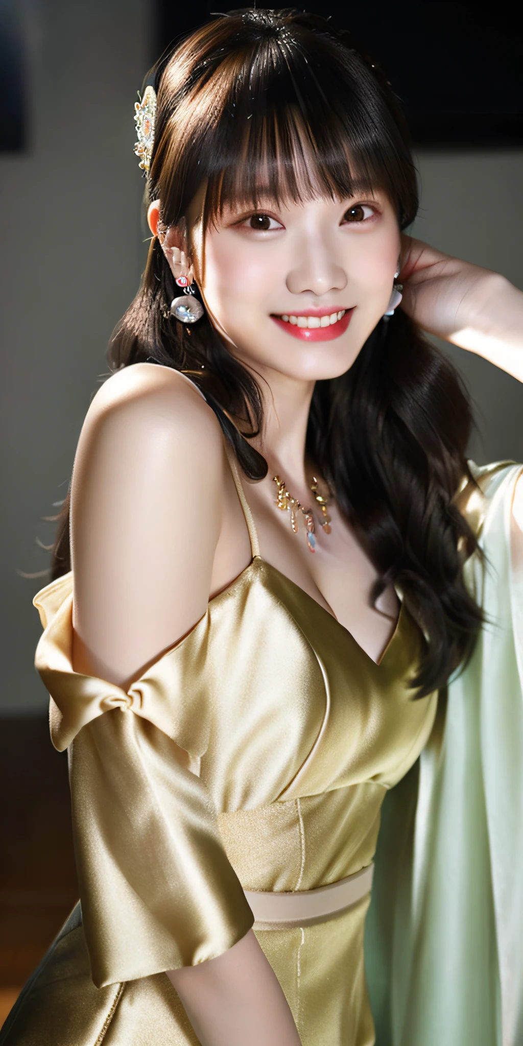 Best quality, masterpiece, high resolution, 1girl, clear silk porcelain dress, beautiful face, hair accessories, looking at the audience, smiling, close your mouth, lips, dress, hair accessories, necklaces, jewelry, long hair, earrings, beautiful face, on the body, Tindal effect, realism, full body, dark studio, edge lighting, two-tone lighting, (high detail skin: 1.2), 8k UHD, DSLR, soft light, high quality, volumetric lighting, huge breasts, cleavage, photo, high resolution 4K, 8k, blurred background