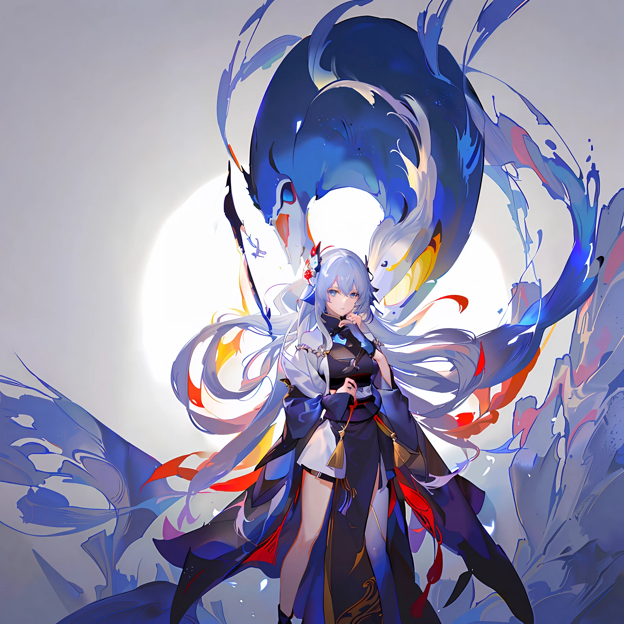 Girl with long white hair and blue eyes holding a sword,Behind her is a huge youkai with blue-and-white hair,Blue-white hair, Onmyoji detailed art, onmyoji, White-haired god, Anime art wallpaper 8 K, From Arknights, Anime art wallpaper 4 K, Anime art wallpaper 4k, Best anime 4k konachan wallpaper, Ayaka Genshin impact, zerochan art,The finest details