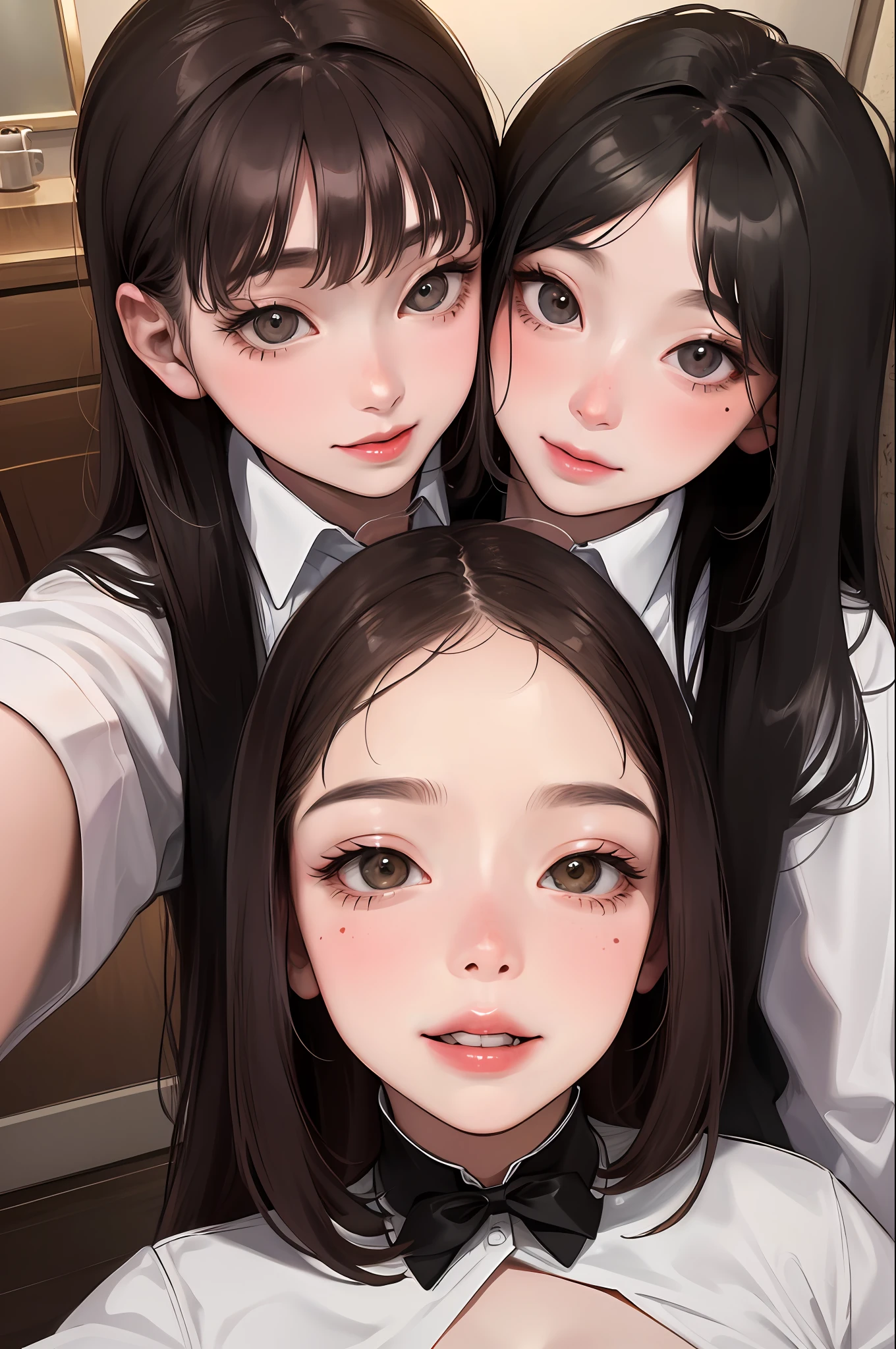 Realistic, 2 girls, selfie, face sitting on extra large zoom bed, face enhancement, smile, looking up, looking here, cleavage emphasis