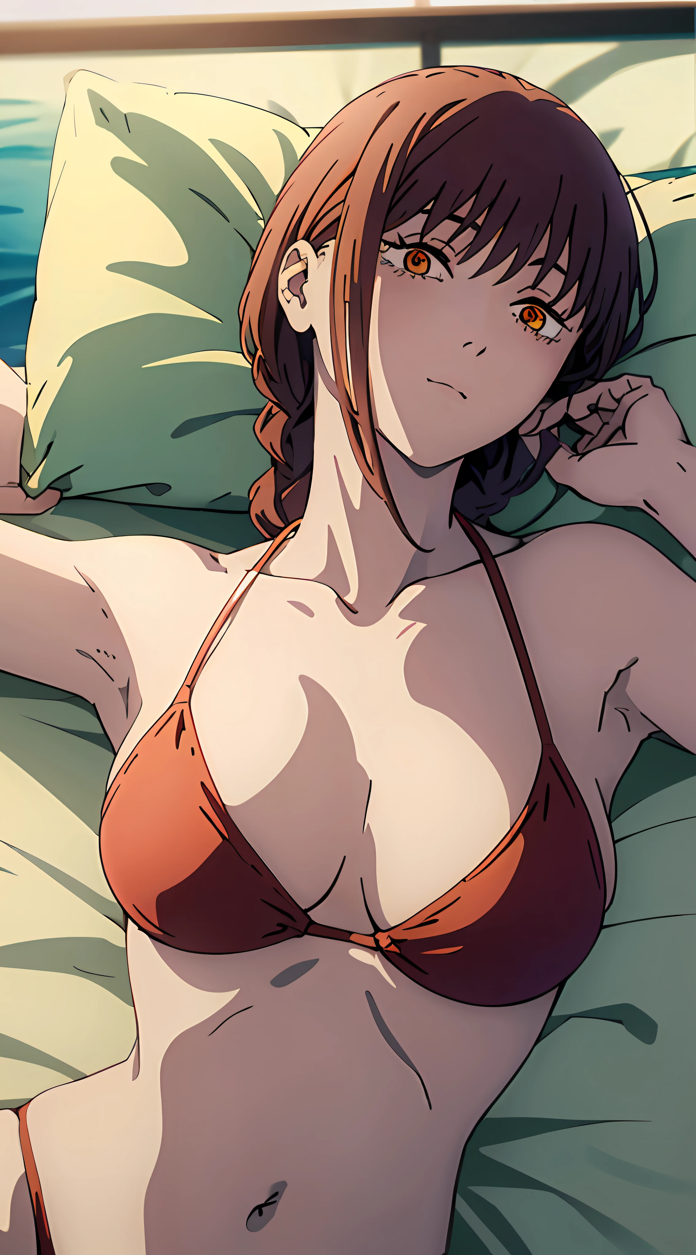 anime girl in a bikini lying on a bed, seductive anime girl, marin kitagawa fanart, is, swimsuit, big breast, both hand on back of the head, lying on bed,