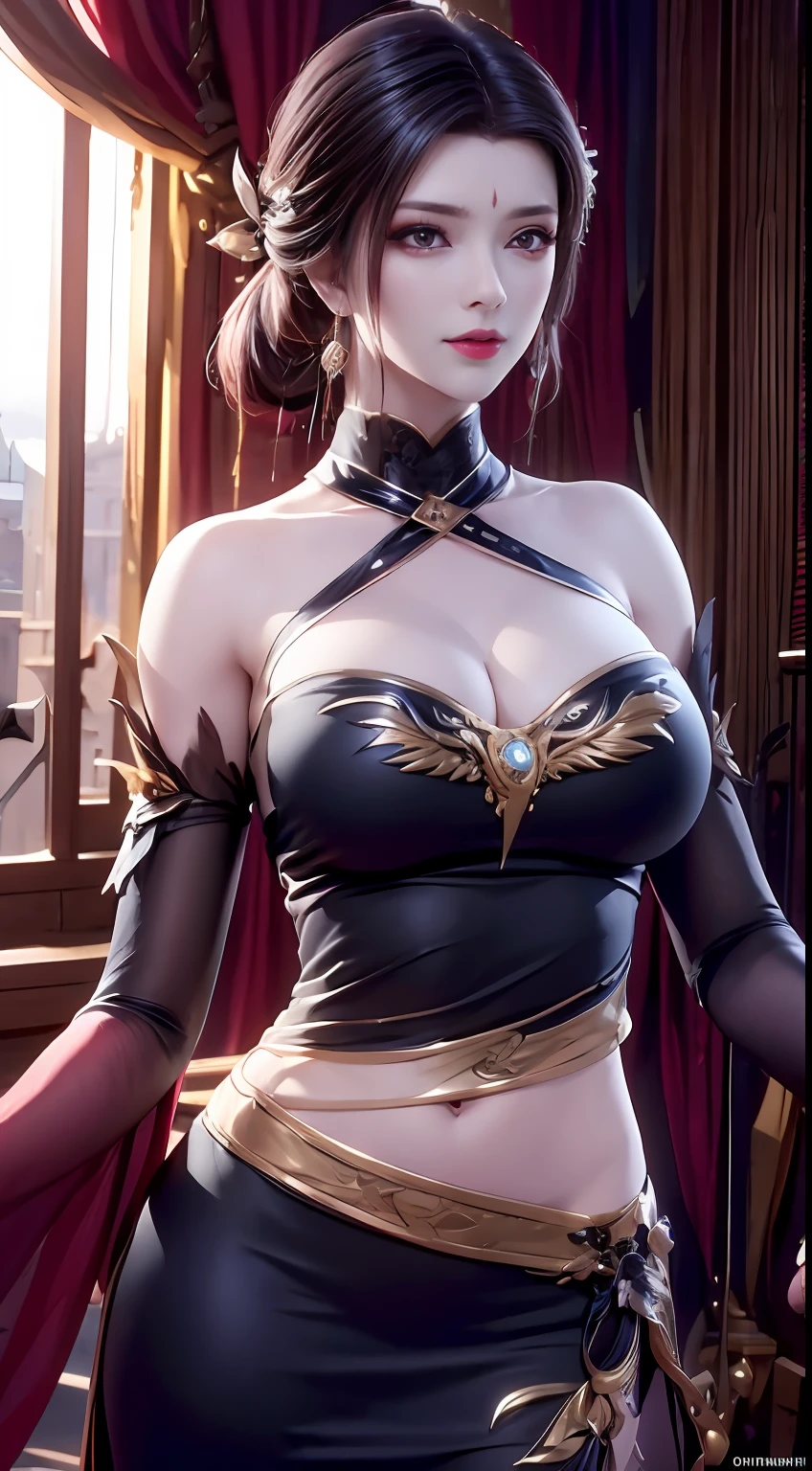 a close up of a woman in a red dress with long hair, beautiful alluring anime woman, a beautiful fantasy empress, inspired by Du Qiong, seductive tifa lockhart portrait, ((a beautiful fantasy empress)), seductive anime girl, beautiful anime woman, glamorous tifa lockheart, beautiful avatar pictures, mai shiranui, lady in pink armor, tifa, (lingerie:1.2), photo realistic, upon_body, tyndall effect, photorealistic, dark studio, rim lighting, two tone lighting, (high detailed skin:1.2), 8k uhd, dslr, soft lighting, high quality, volumetric lighting, candid, Photograph, high resolution, 4k, 8k, Bokeh, breast out, (:0.9), (purple eyes color), (transparent armor:1.0),breast,