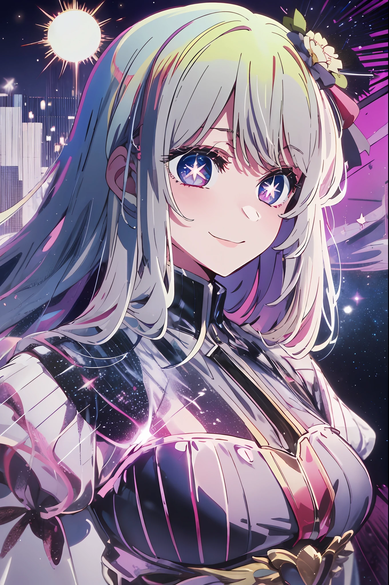 2d, masterpiece, best quality, anime, highly detailed, cowboy shot, 1girl, solo, white hair, white galaxy hair, white eyes, , looking at viewer, smile, bangs, Star symbol-shaped pupils, heart-shaped pupils,"when were old and have to leav the earth, don't Let these be My last words, for you", "the flowers came and grey around, the sun shines Brighton down my gown, for you", "my soft and Puffy white skin, it gloss all Over my chin"