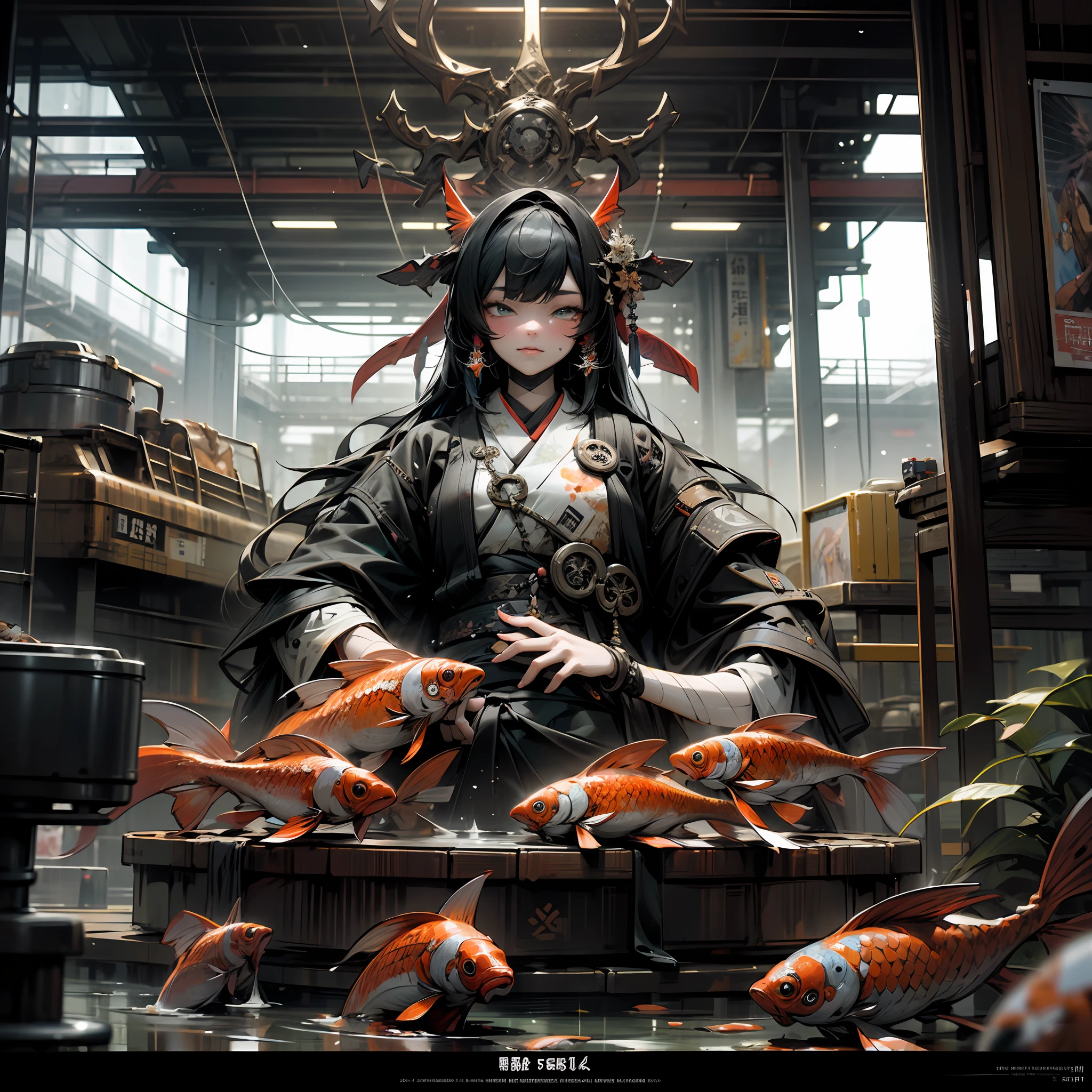 Deus Ex Human Revolution, digital glitch effect, (poster:1.6), poster on wall, movie poster, smoking, ((Tilt shift)), ((industrial robots on an assembly line)) ((japanese rock garden and pond, bonsai)), ((digital pixel koi carp)), (((high-tech interior style and futurism))), (((highly detailed face))), (((Yggdrasil))) ((ultradetaled face and skin texture)), intricately detailed, fine details, hyperdetailed, raytracing, subsurface scattering, diffused soft lighting, shallow depth of field, --auto