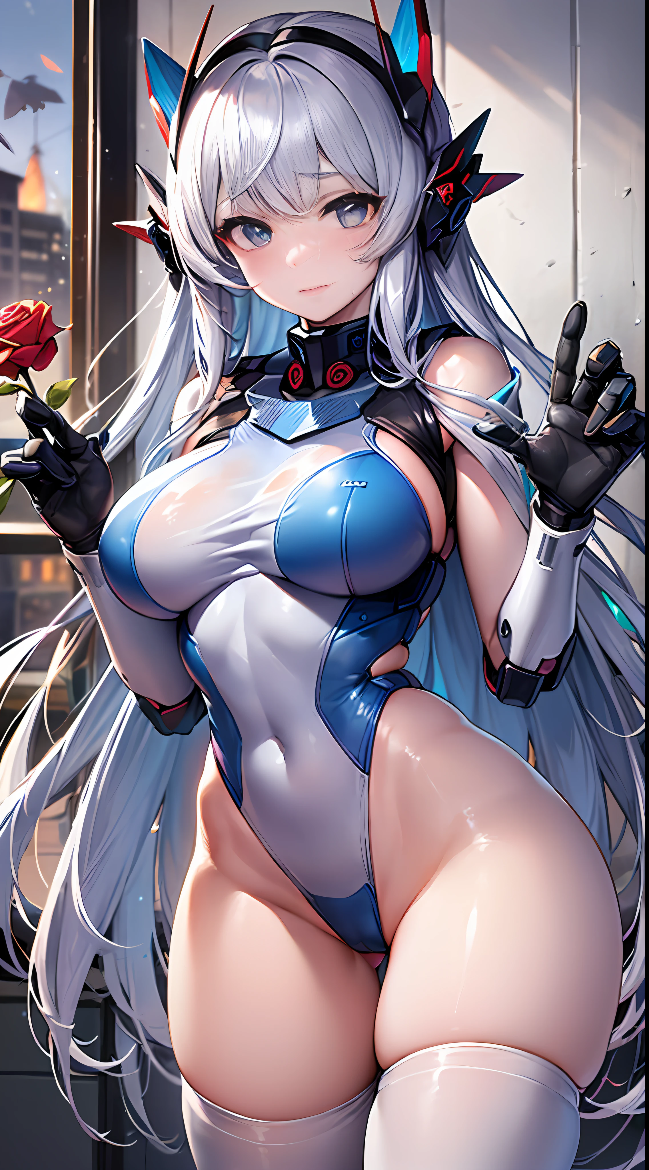 (Highest image quality), (Works of masters), (Detailed eye description), (8k wallpaper), (Detailed  depiction), Bright colors, Look at the audience, solo person,(full bodyesbian:1.1), (Sturdy stone:1.4|((Mecha body：1.1），Mecha fuselage details，Get wet，face expressionless，paleskin，blue colored eyes，((Masterpiece)),((Best quality)),(ultra - detailed),(illustration),((Extremely Delicately Beautiful)),(Dynamic Angle), 1girll, Flowers, Spring, beside the window, Rose, Detailed: face，long eyelasher，dim eyesight，tight-fitting，Raised sexy，head gear， white swimsuit，silber hair，White lace pantyhose , legged，did not wear ，8K