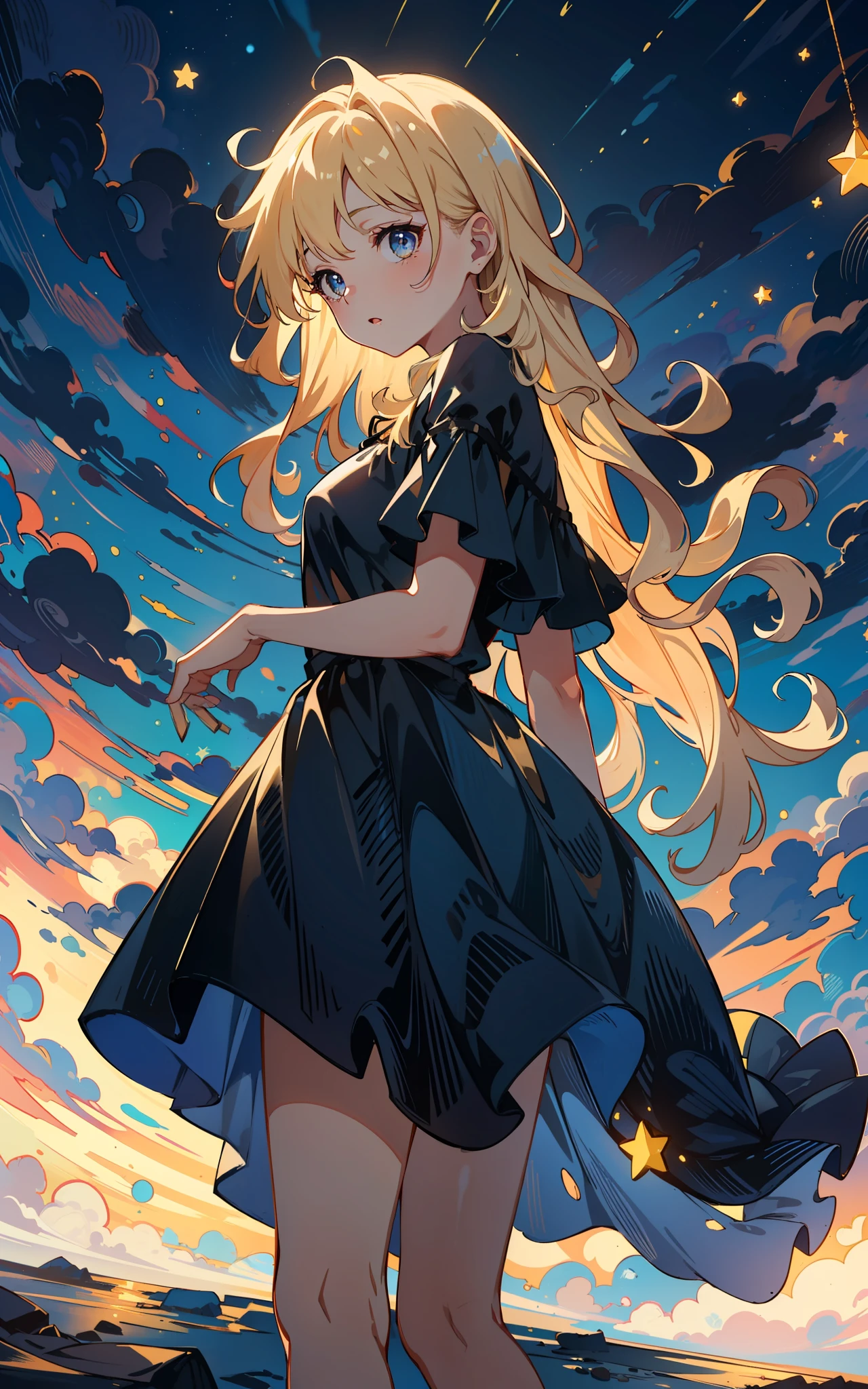 Starlight,Paint the best quality Ultra HD picture,Use detailed spray paint to express professional video commentary。1 girl wandering around,adorable captivating,Shining with volumetric light。Describe blonde hair、Medium breasts and long exposed hair,Depicting beautiful and detailed eye gestures,And dressed in a black dress。The picture highlights the atmosphere of the starry sky,Arranged below。