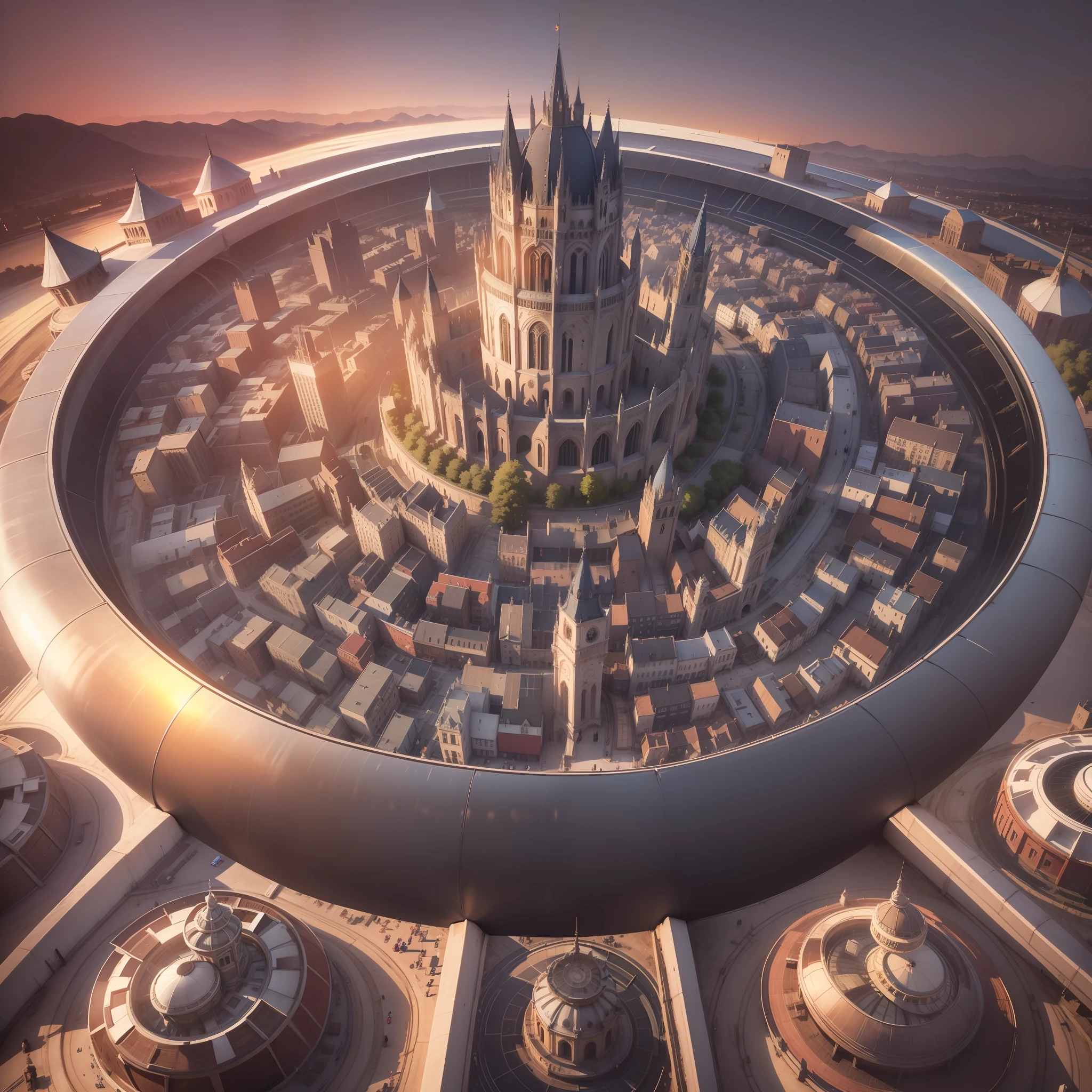 A circular logo containing many bright silver medieval towers, in the background the sunset, Silver City, 4k, HDR