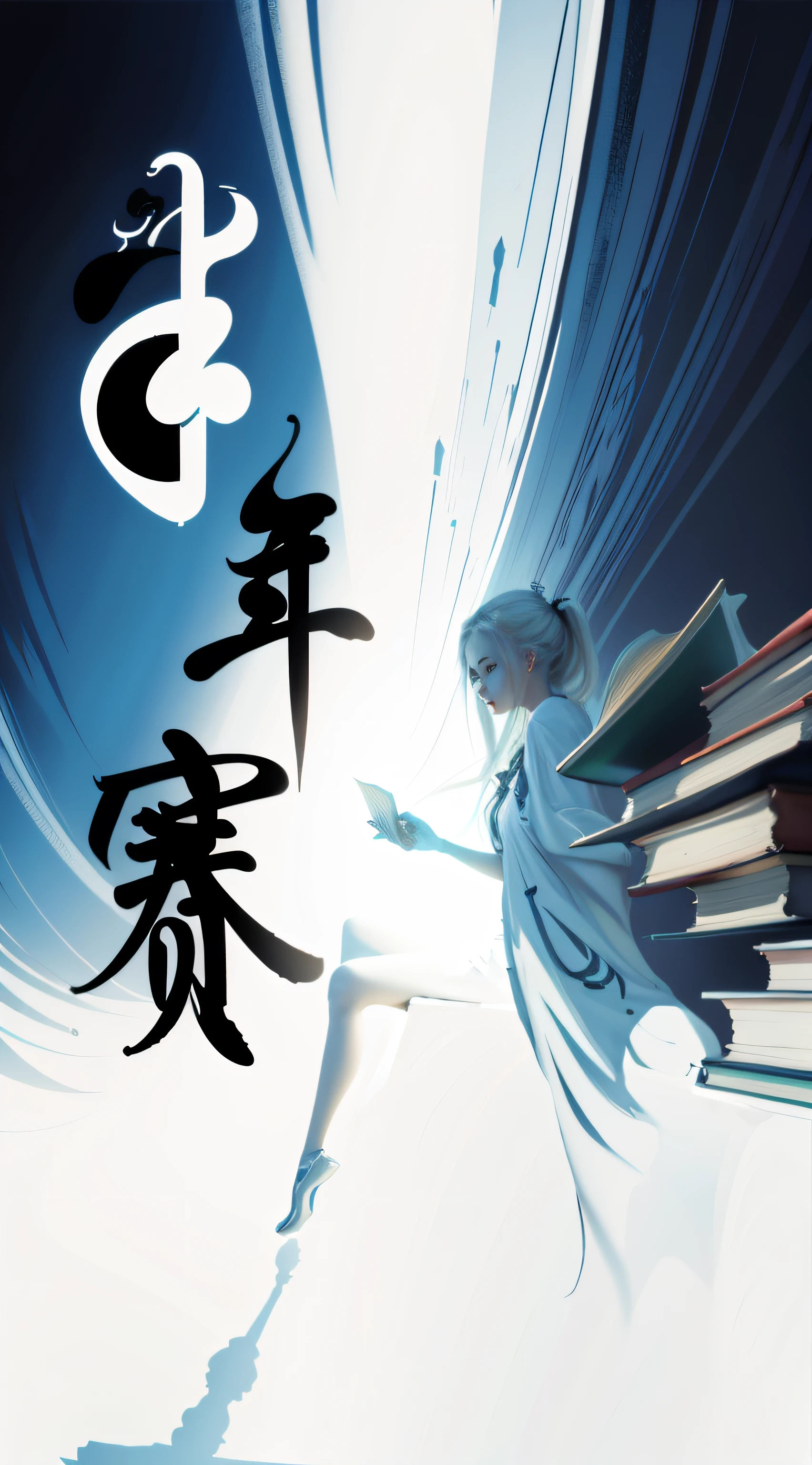 filmposter,  Books,The girl sits in the book
illustration, Poster design, Dynamic character girl, debate, opposition, Books, Sky background, Light and shadow, Wide angle lens