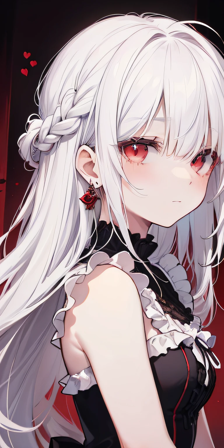 (limited palette), Best quality, (((Masterpiece))), (((Beautiful detailed hair))), (((beautiful detailed skin))), Solo, , Younger, Loli, (((White hair))), Red eyes, (mascara), Blunt bangs, ((Hair over eyes)), Long hair, Medium breasts, Frilled white dress, White frills, Too much decoration, Rose, Noble, setia, The bride hair, (((Eye focus))), (((Expressionless))), The background is blurred out, Empty eyes, Blank eyes, (Red theme), bedroom background, view the viewer, (((hair tucking))), (((Night))), Semi-closed Eyes, Close-up, (((hair adornments))), Upright body, Neatly cut bangs, Braided hair at the back of your head, Sleeveless dress,