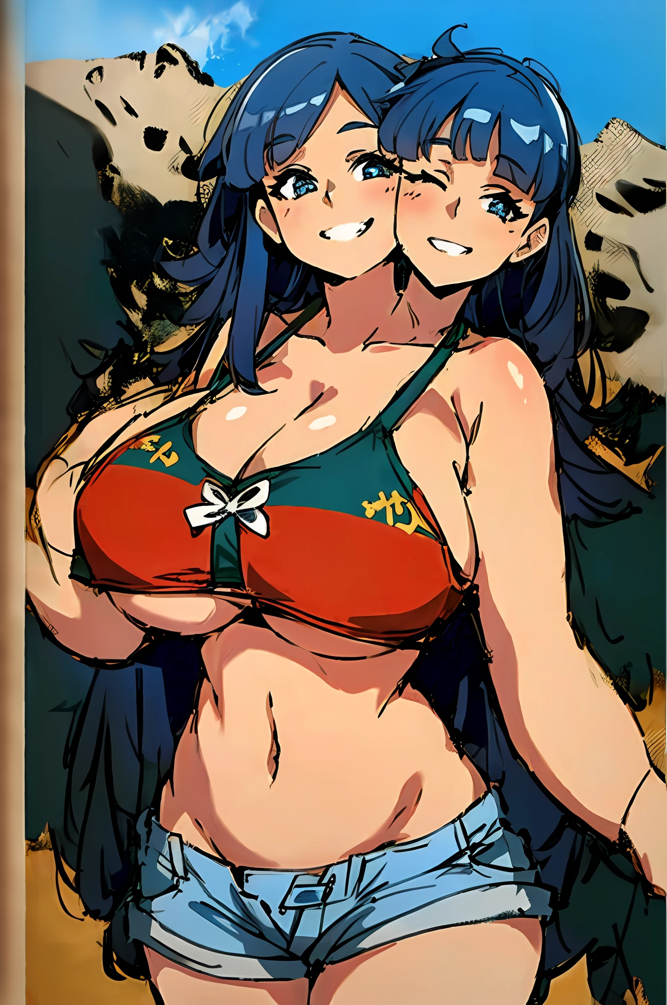 2heads, a chubby woman. With 2 heads. She has gigantic breasts. She is in a beach. She is smiling wide. Her breasts and massive. She is wearing a small brightly-colored bikini top and jean shorts. Huge breasts.