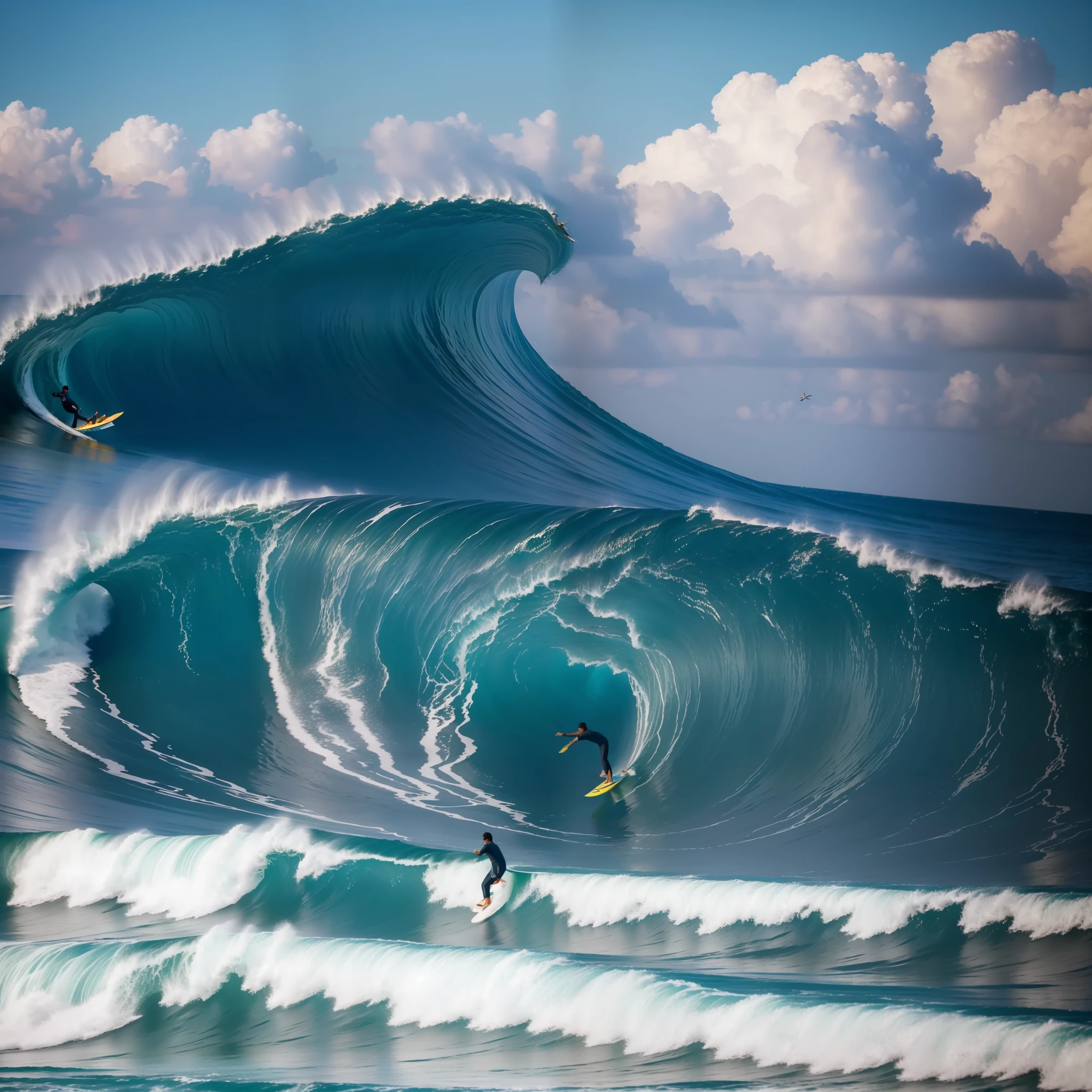 surfer standing in front of huge wave with birds flying overhead, inspirado em Cirilo Rolando, Directed by: Cirilo Rolando, Nenhum estilo de Cirilo Rolando, Vaporwave Oceanoo surreal |, Cirilo Rolando e Goro Fujita, Cirilo Rolando e M.w kaluta | |, Cirilo Rolando e M. w kaluta | |, Vaporwave Oceano, paisagem do mar da fantasia