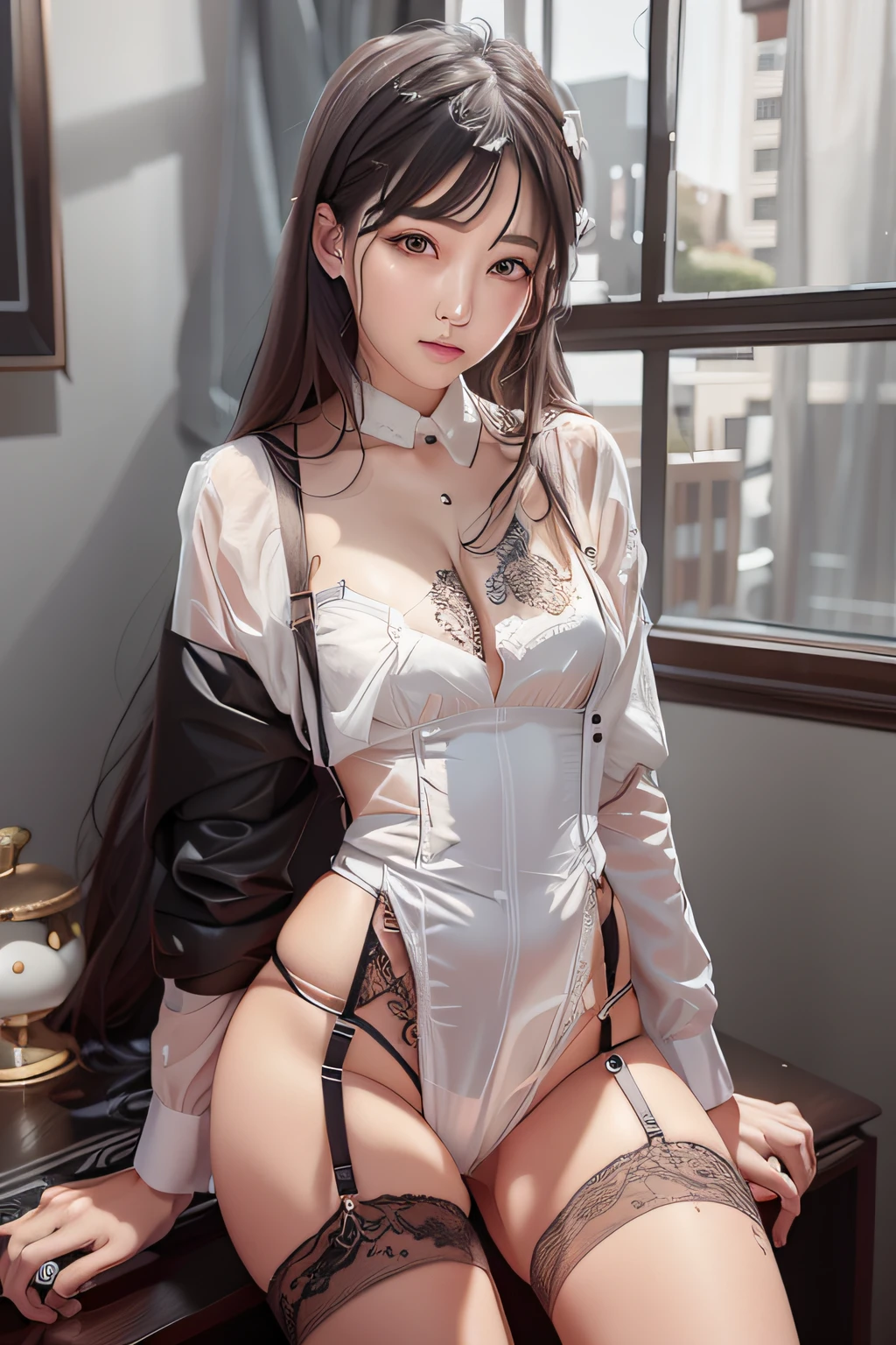 There is a woman in a white shirt posing for a photo, Gentle Korean gothic girl, a garter belt, 2 b, Wearing a white aristocratic suit,