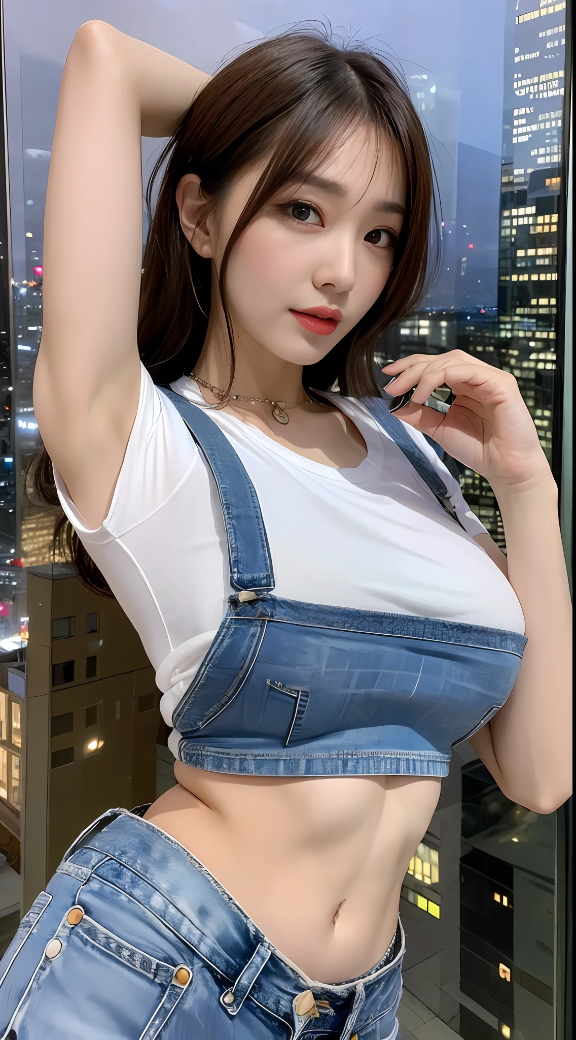 ((Midnight, Best quality, 8k, Masterpiece :1.3)), Whole body, Long legs, Sharp focus :1.2, A pretty woman with perfect figure :1.4, Slender abs :1.1, ((Dark brown hair,Gigantic breasts :1.2)), (White tight tshirt, Jean bib, Standing:1.2), ((Night city view, Rooftop:1.3)), Highly detailed face and skin texture, Detailed eyes, Double eyelid