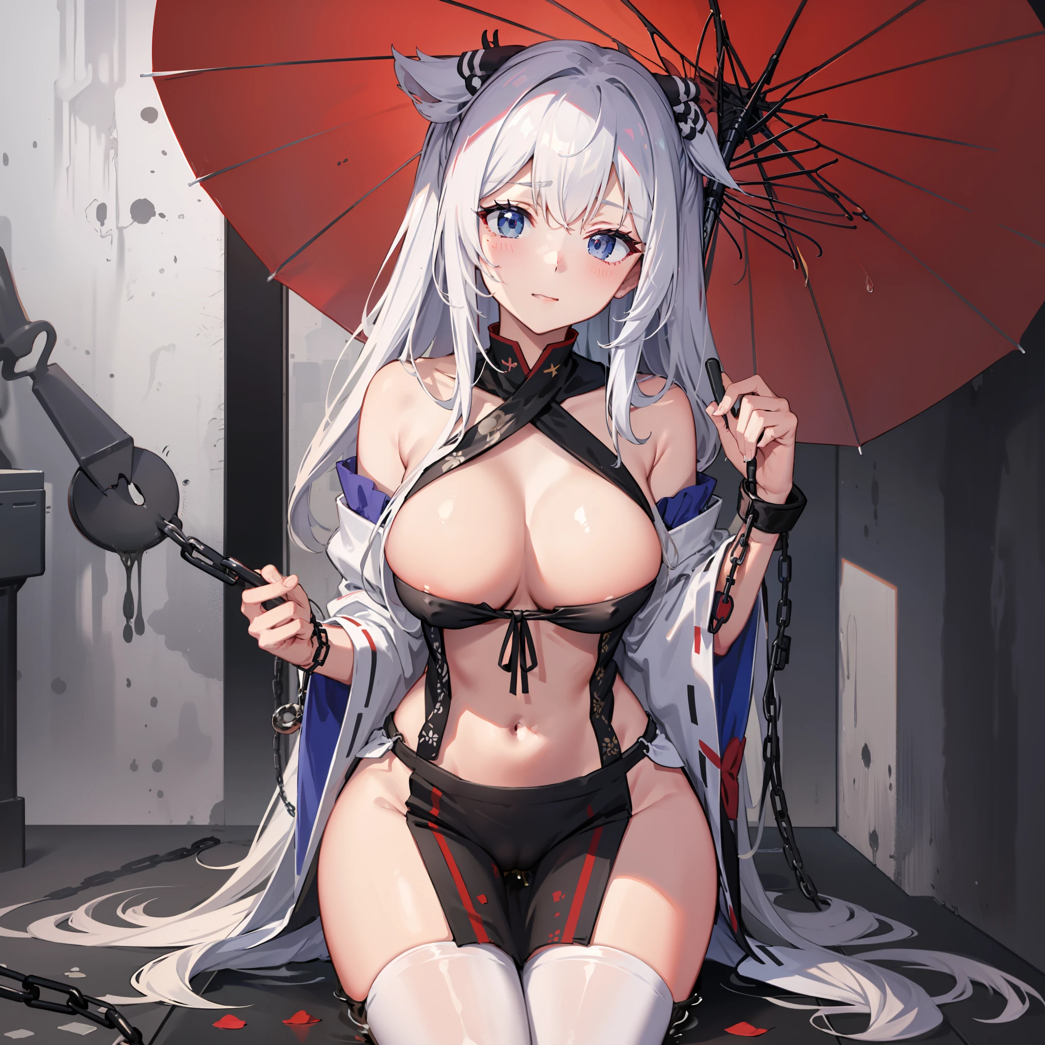 White color hair,shrine maiden clothe,black lence stockings,huge tit,Bare chest,,The neck is tied by a chain,Barefoot,The whole body is tied。Pee。With an umbrella,raining day