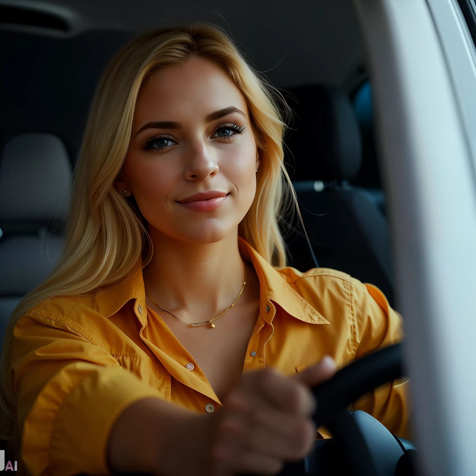 mulher loira em uma camisa amarela dirigindo um carro, fotografia comercial do carro, dirigindo um carro, driving, mulher atraente, driving fast, retratos de carros, mulher bonito, sentada em seu carro, mulher loira, mid portrait, close up foto de retrato, foto de retrato, Retrato de 60mm, Retrato no meio da foto, Blonde and attractive features, Beautiful woman, retrato de alta qualidade, atraente