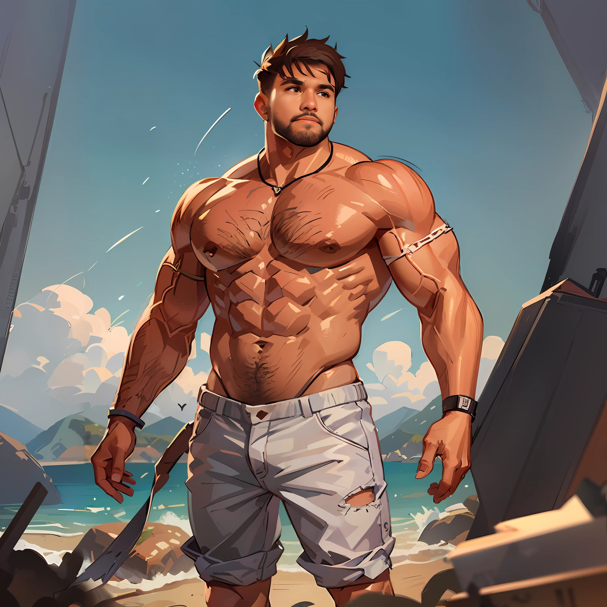Un homme avec un couteau et un collier sur la poitrine, muscular character, muscular male hero, muscular male, Super buff et cool, commission for high res, gigachad muscular, Muscular characters, torse nu :: High detail, Middle of a shot of a hunky, muscle man, musculaire! blanc, musculaire!!, sexy muscular body, muscular body, quite muscular