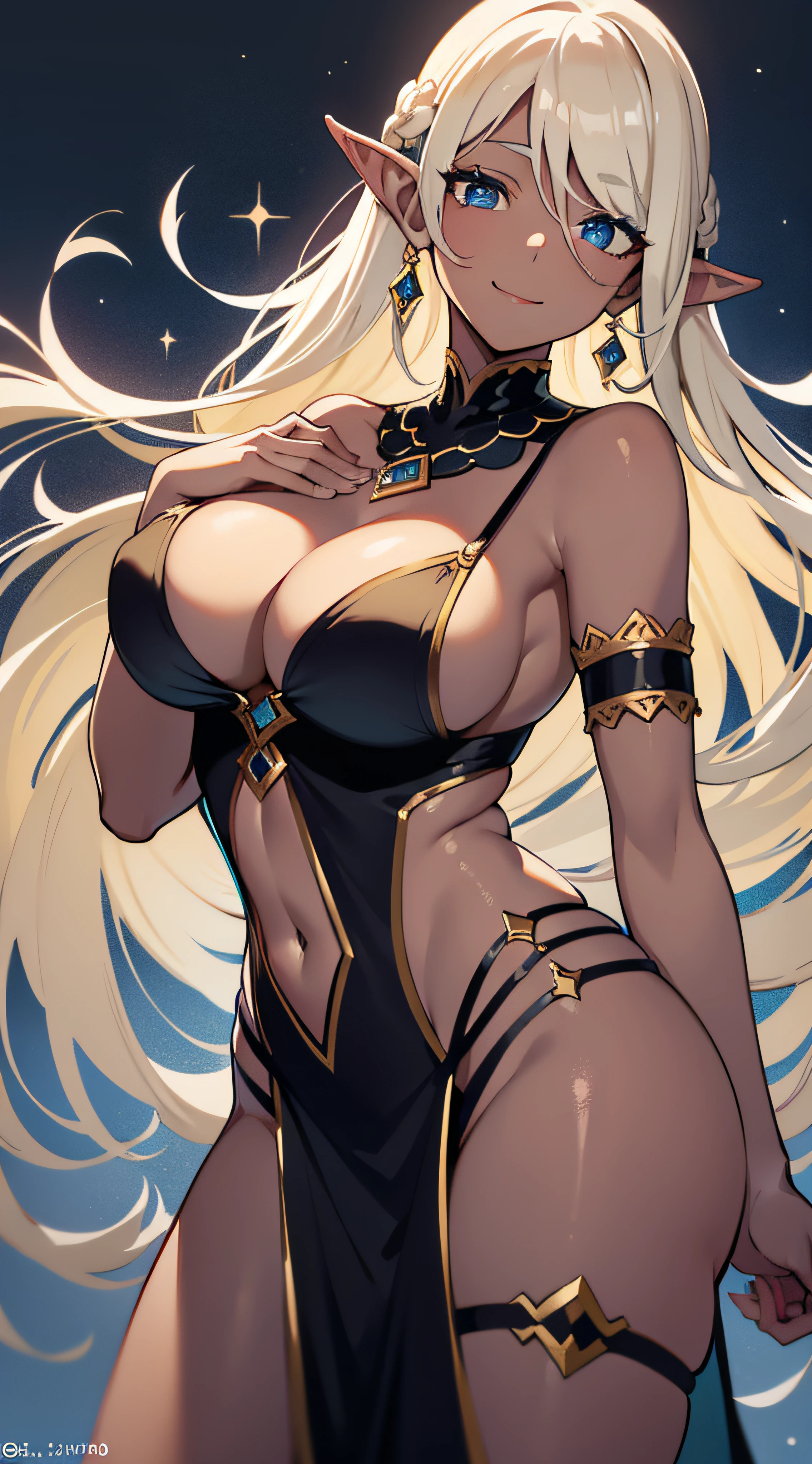 (Black skin:5.0、elvish)、Fantasia、blue eyess、very long bangs、very long transverse hair、hair over eyes:2.0、a blond、Majestic nature、Ridiculously large breasts、dancer、Clothing with slits、A slight smil、Futomo、closing eye、Chest close