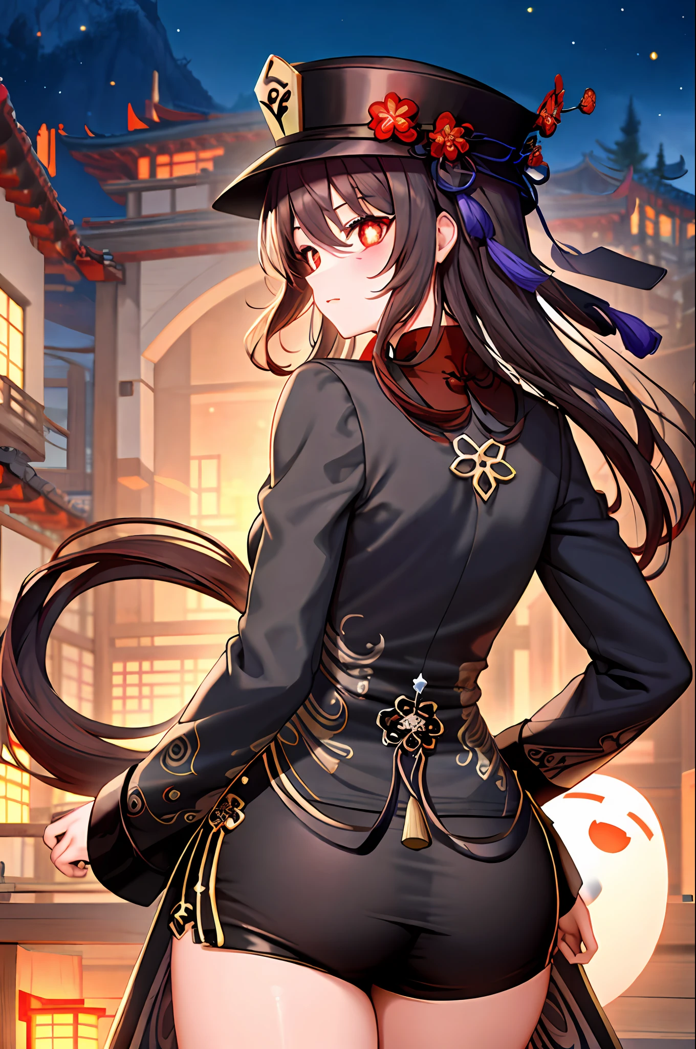 highly detailed back ground, Very detailed background, Masterpiece, Best quality, 1girll, hu tao (Genshin Impact), boo tao,Hat, Red eyes, double tails, Brown hair, Solo, pupils in symbol shapes, Long hair,bangs, Black shorts , Chinese clothes, sonoko, Night
