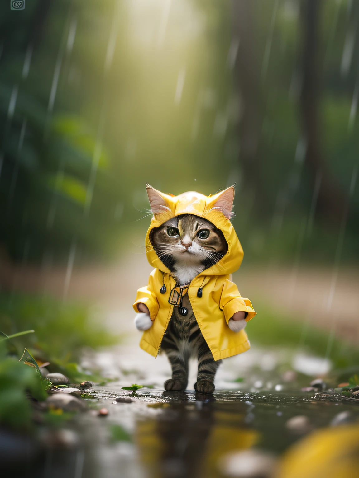 girl, CircuitBoardAI, tiny cute (happy1.4) cat in a (yellow raincoat1.3) in the woods, rain, a character portrait, Tilt-shift, bokeh