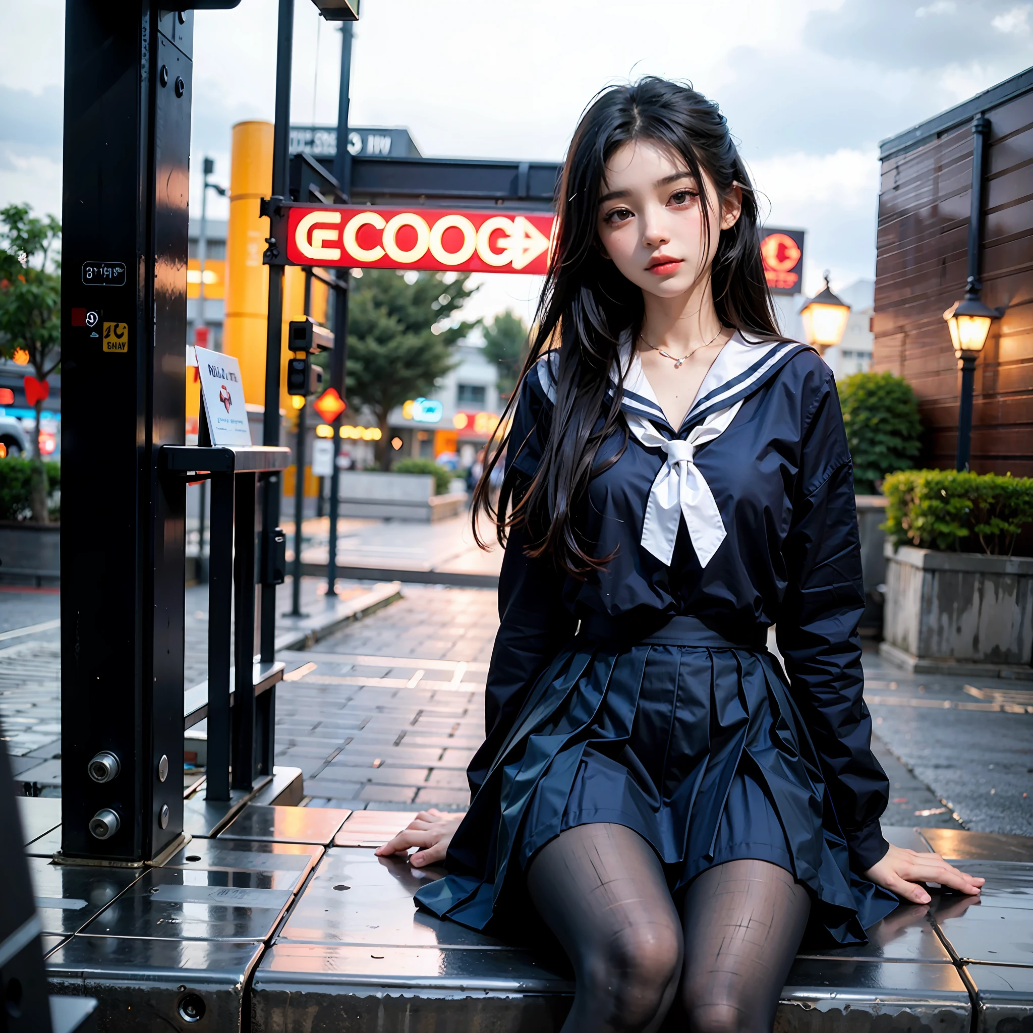 1girl, black hair, black legwear, blue sailor collar, blurry, blurry background, blurry foreground, bokeh, building, chain-link fence, city, city lights, cosplay photo, depth of field, long hair, long sleeves, looking at viewer, motion blur, outdoors, sailor collar, school uniform, serafuku, sitting, skirt, solo, water ,
