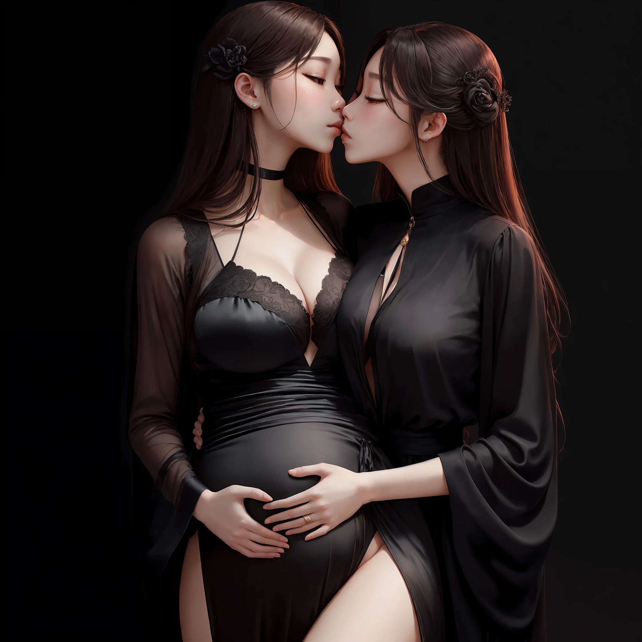 Wallpapers，A 165cm tall beauty，Dressed in black silk，The chest is moderate，Dress coolly。Hug and kiss with another 160 pregnant beauty。The background is cluttered and dim。 --auto