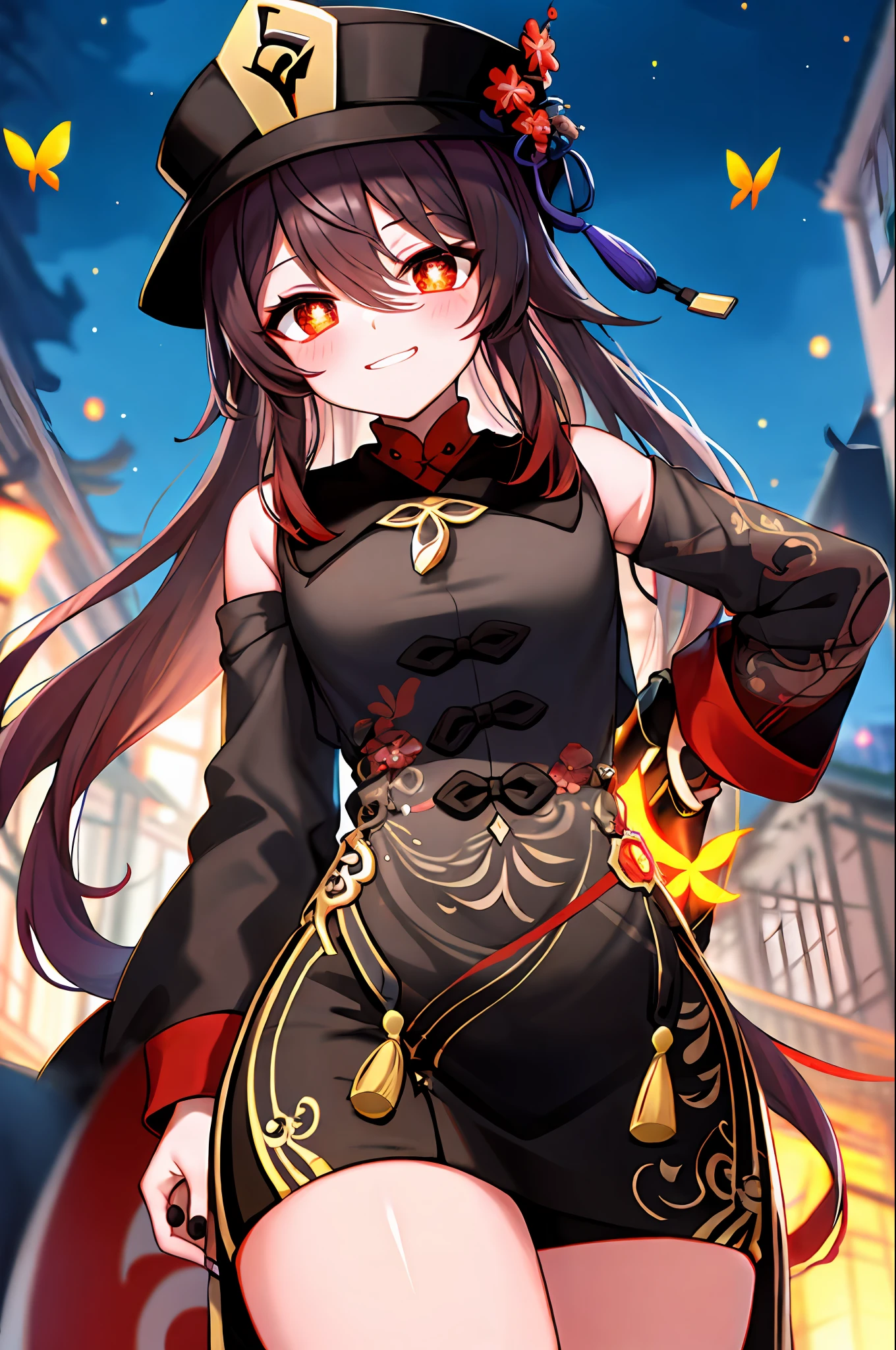 1girl, bangs, black_headwear, black_legwear, black_nails, blush, breasts, brown_hair, hair_between_eyes, red_eyes, hat, short_shorts, (black_dress), (((hu_tao_\(genshin_impact\)))), boo_tao_\(genshin_impact\), fire, butterfly, red_butterfly, nuke, nuclear, explosion, ((polearm)), weapon, long_hair, looking_at_viewer, nail_polish , (((night))), red_nails, smile, solo, thighs, twintails, very_long_hair, symbol-shaped_pupils, open_mouth, seductive_smile, ((illustration)),(((masterpiece))),((best quality)),(High resolution), hignity 8k wallpaper,(beautiful detailed eyes),(detailedlight),(highres),chiaroscuro,sunlight, blur_censor, blurry, blurry_background, blurry_foreground, bokeh, ((chromatic_aberration)), depth_of_field, film_grain, focused, motion_blur, photo_\(medium\), light_rays, dust, fireflies, glowing, light_particles, future style \(module\), nigh, neon lights, haze, moss, face focus, ((from below)), cinematic angle,